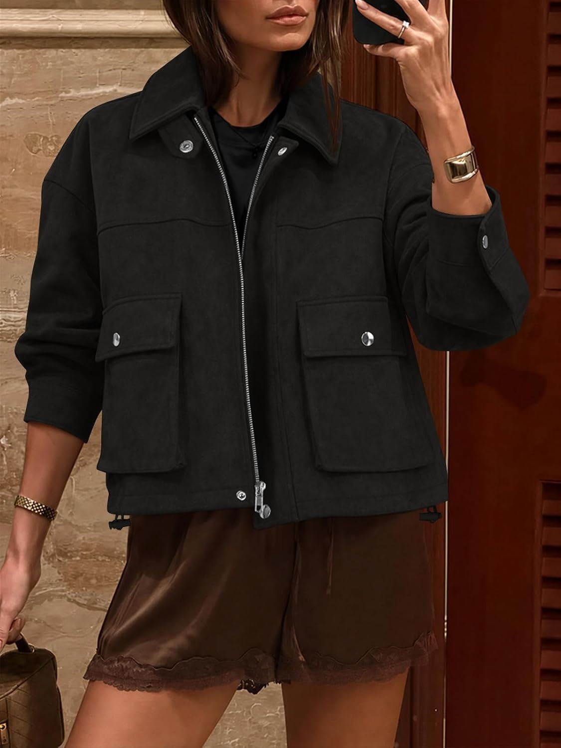 image:imageYousify Womens Faux Suede Bomber Jackets Fall Cropped Zip Up Jacket CoatBlack