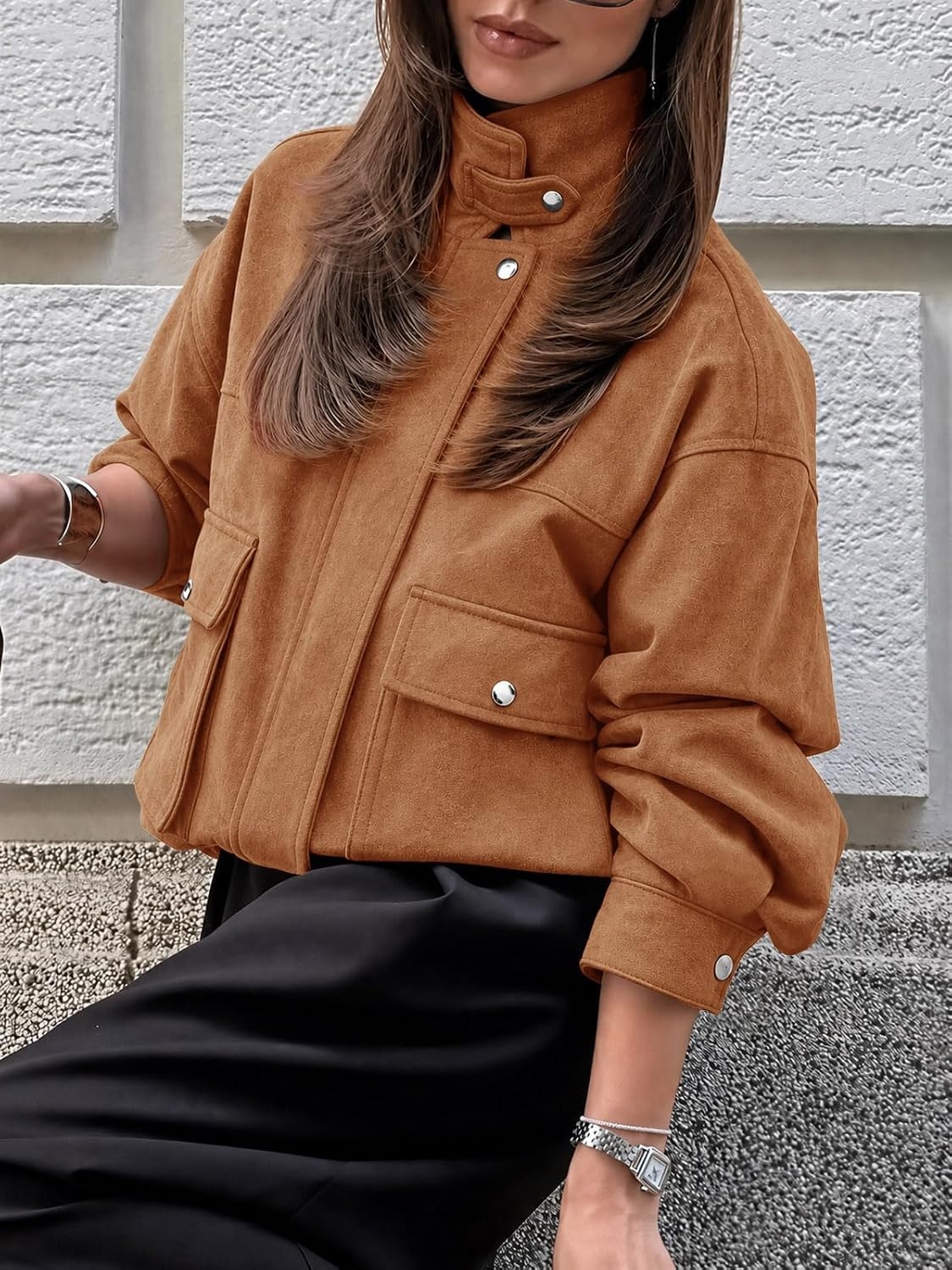 image:imageYousify Womens Faux Suede Bomber Jackets Fall Cropped Zip Up Jacket CoatBrown