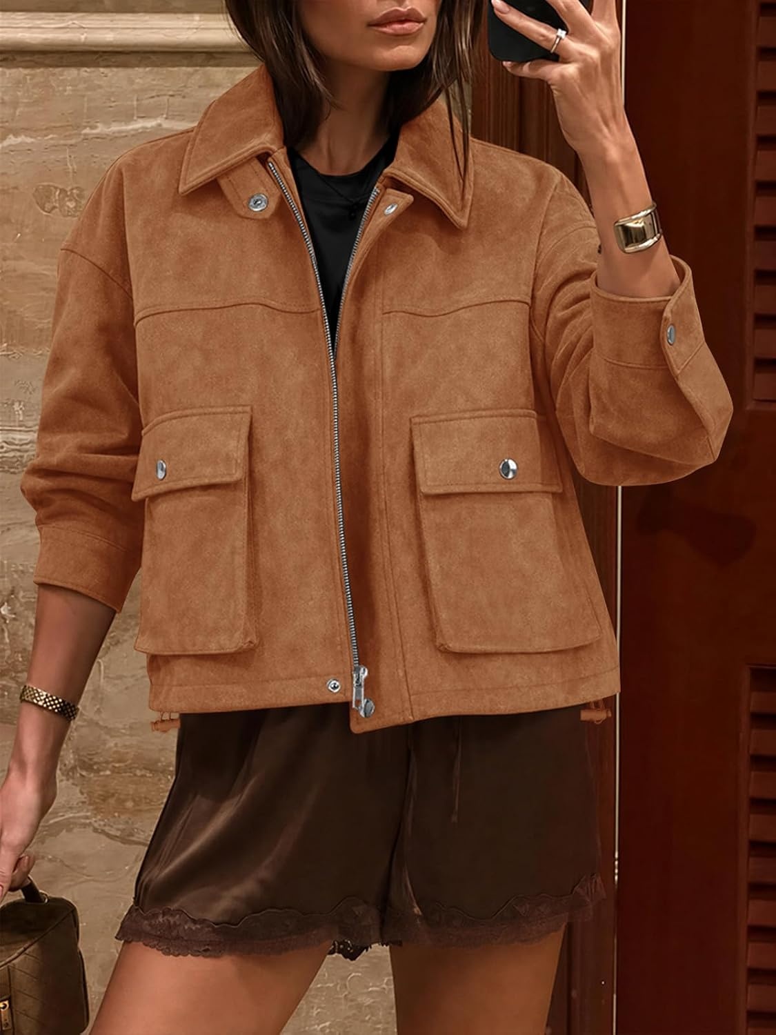 image:imageYousify Womens Faux Suede Bomber Jackets Fall Cropped Zip Up Jacket CoatBrown