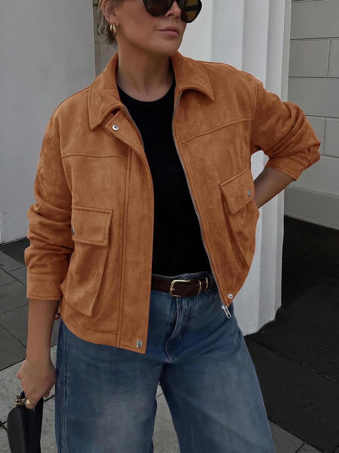image:imageYousify Womens Faux Suede Bomber Jackets Fall Cropped Zip Up Jacket CoatBrown