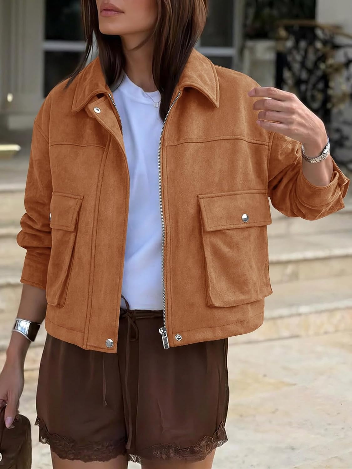 image:imageYousify Womens Faux Suede Bomber Jackets Fall Cropped Zip Up Jacket CoatBrown