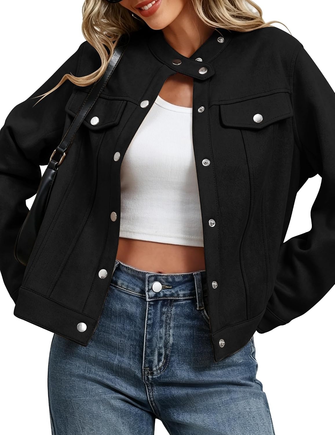 image:imageZeagoo Faux Suede Cropped Jackets for Women Trendy Fall Shackets CoatsBlack