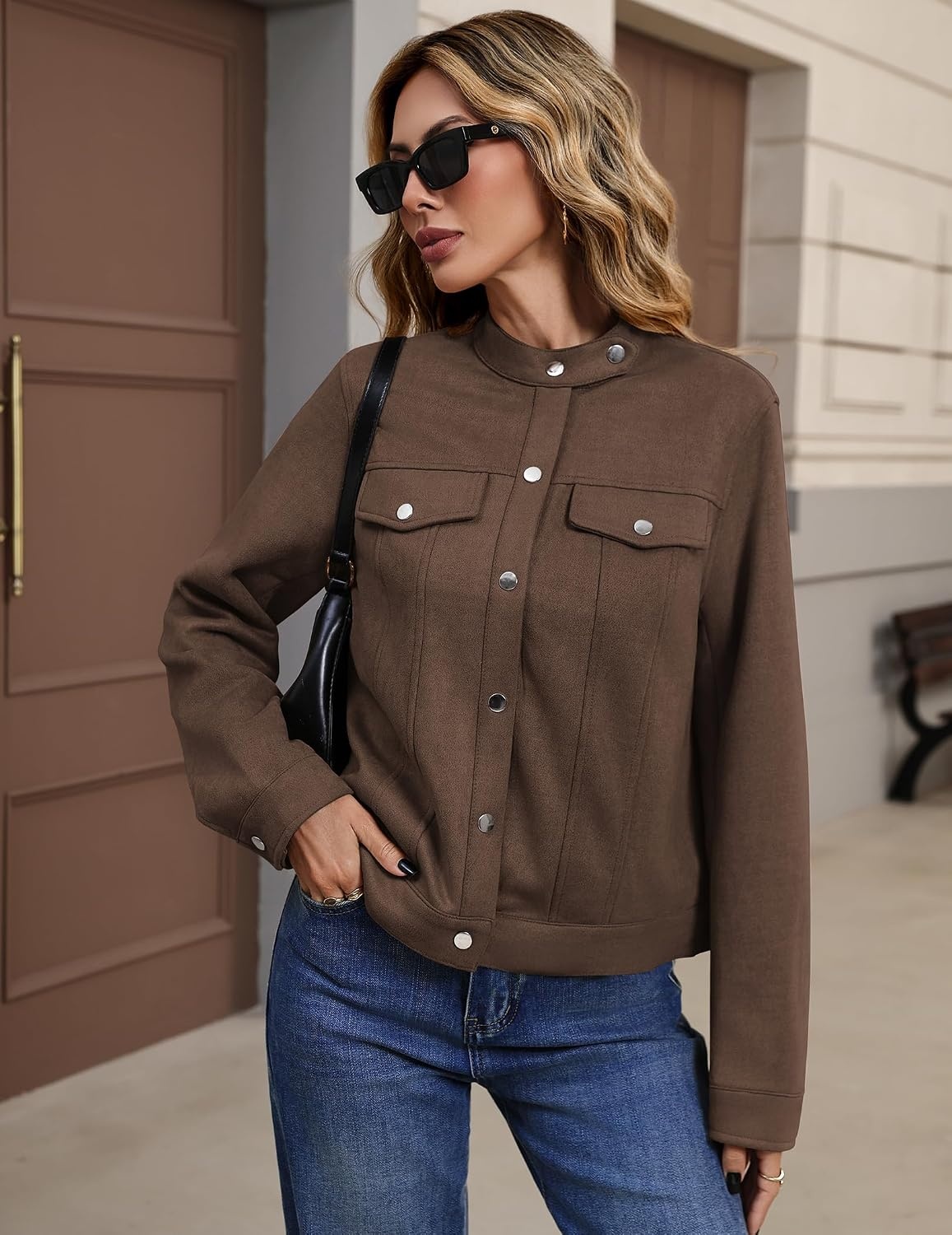 image:imageZeagoo Faux Suede Cropped Jackets for Women Trendy Fall Shackets CoatsChocolate Brown