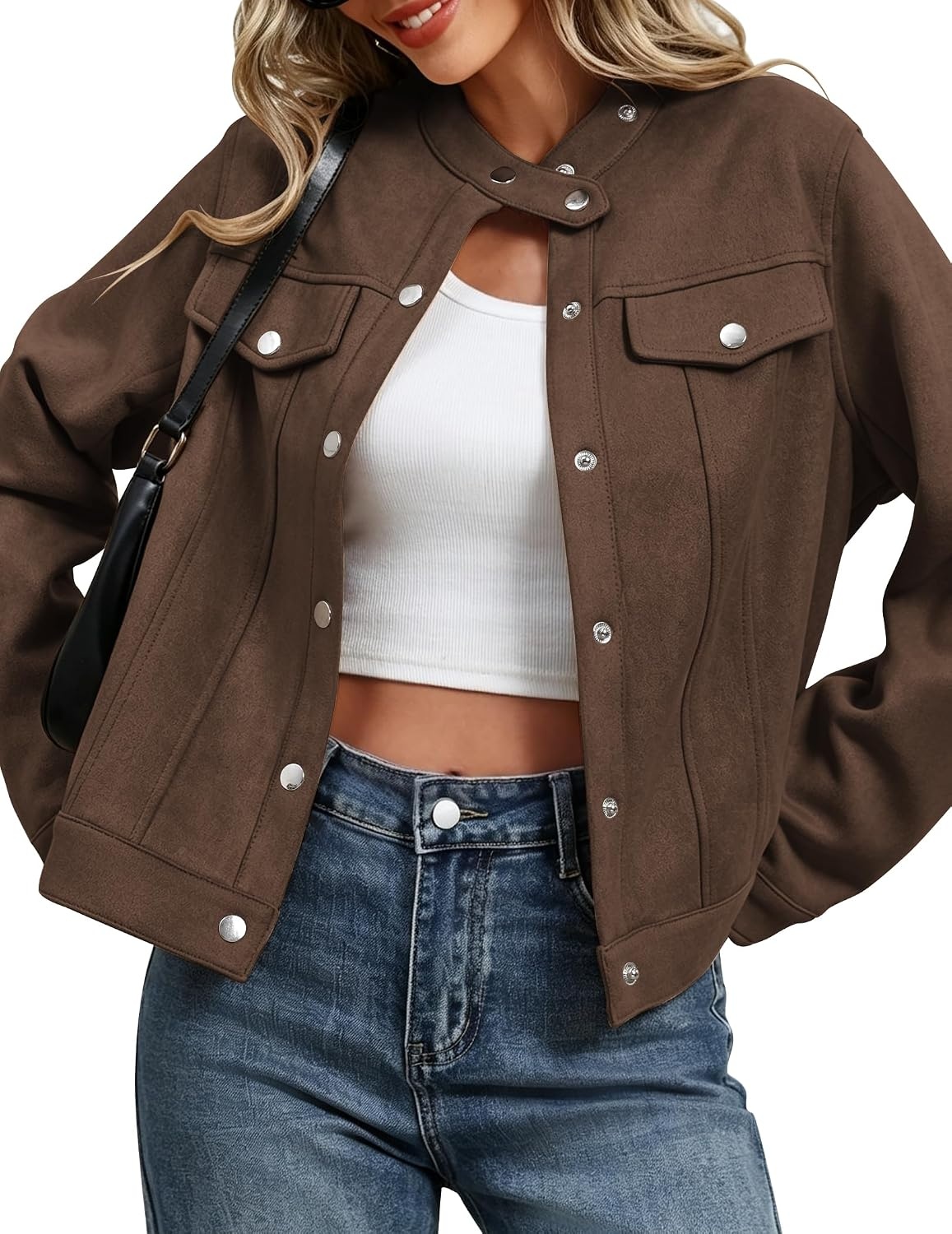 image:imageZeagoo Faux Suede Cropped Jackets for Women Trendy Fall Shackets CoatsChocolate Brown