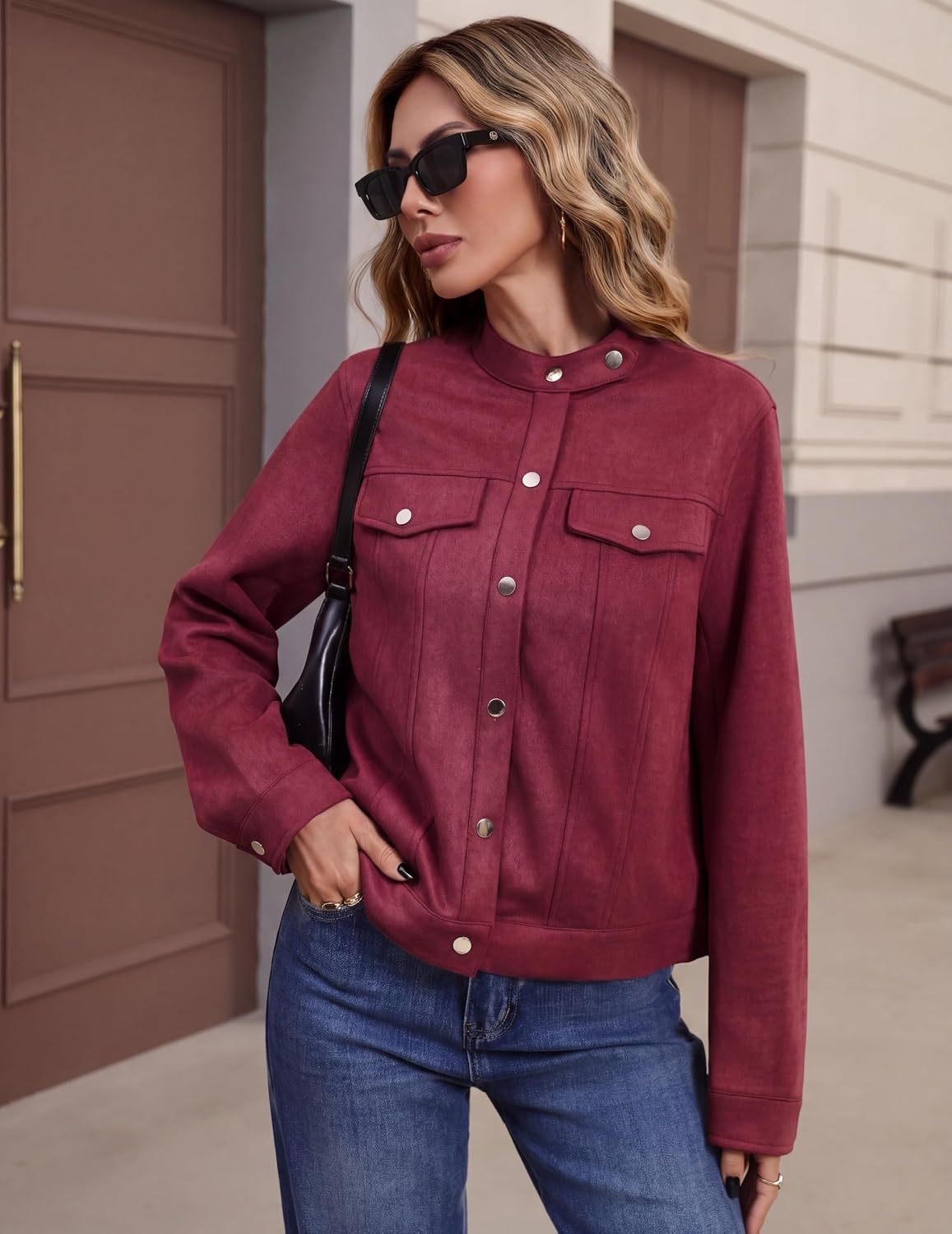 image:imageZeagoo Faux Suede Cropped Jackets for Women Trendy Fall Shackets CoatsDark Red