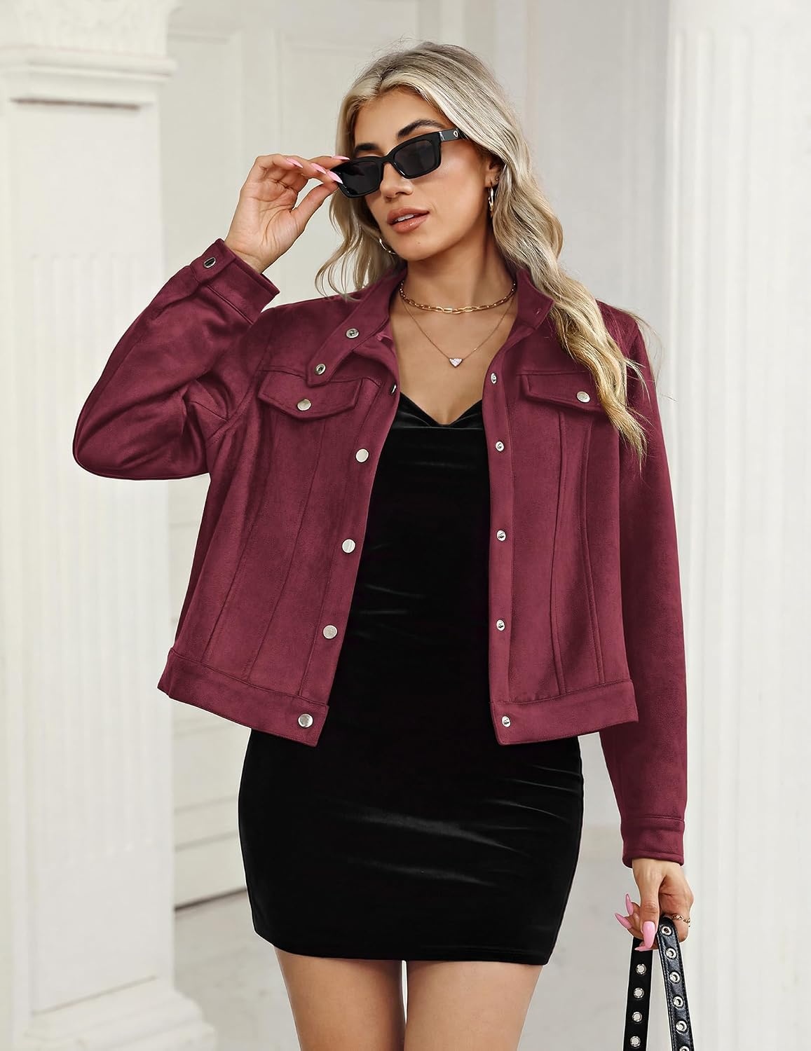 image:imageZeagoo Faux Suede Cropped Jackets for Women Trendy Fall Shackets CoatsDark Red