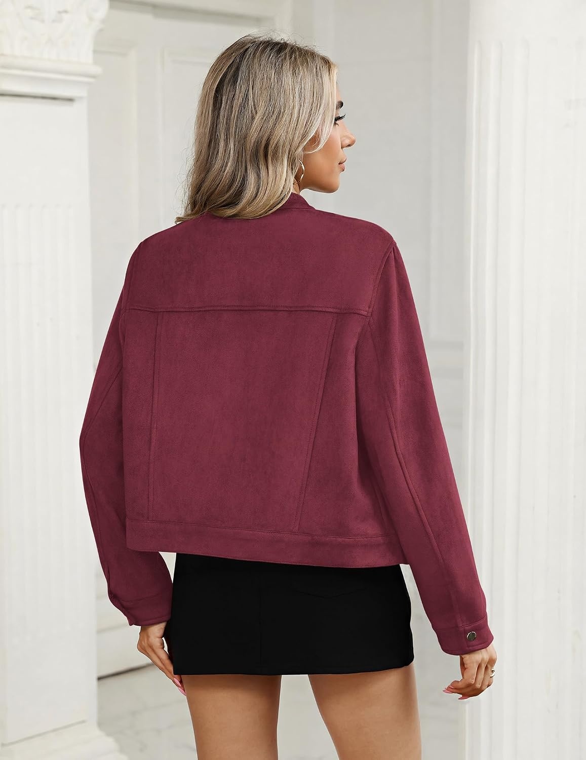 image:imageZeagoo Faux Suede Cropped Jackets for Women Trendy Fall Shackets CoatsDark Red