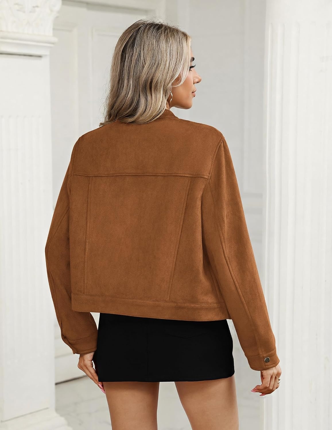 image:imageZeagoo Faux Suede Cropped Jackets for Women Trendy Fall Shackets CoatsLight Brown