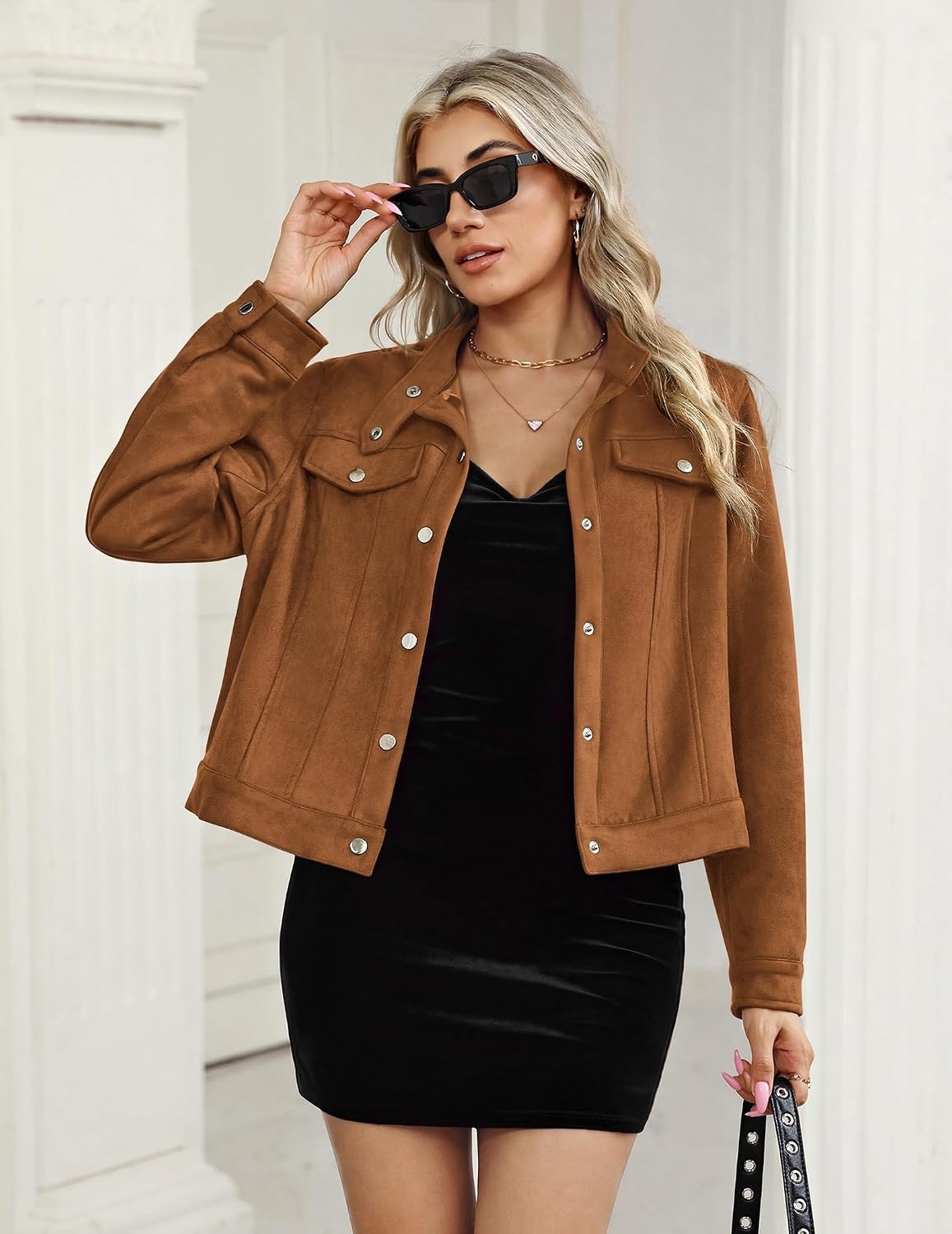image:imageZeagoo Faux Suede Cropped Jackets for Women Trendy Fall Shackets CoatsLight Brown