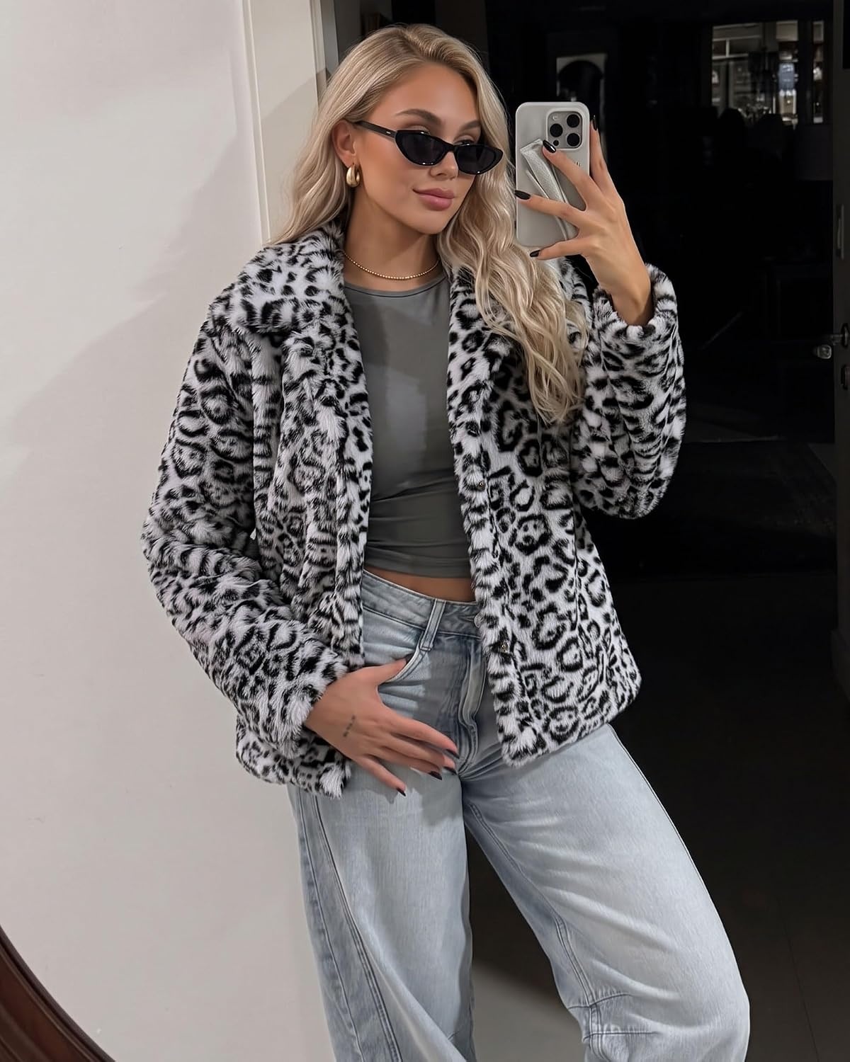 image:imageluvamia Womens Leopard Print Faux Fur Jackets Fluffy Furry Winter CoatsBlack White Leopard
