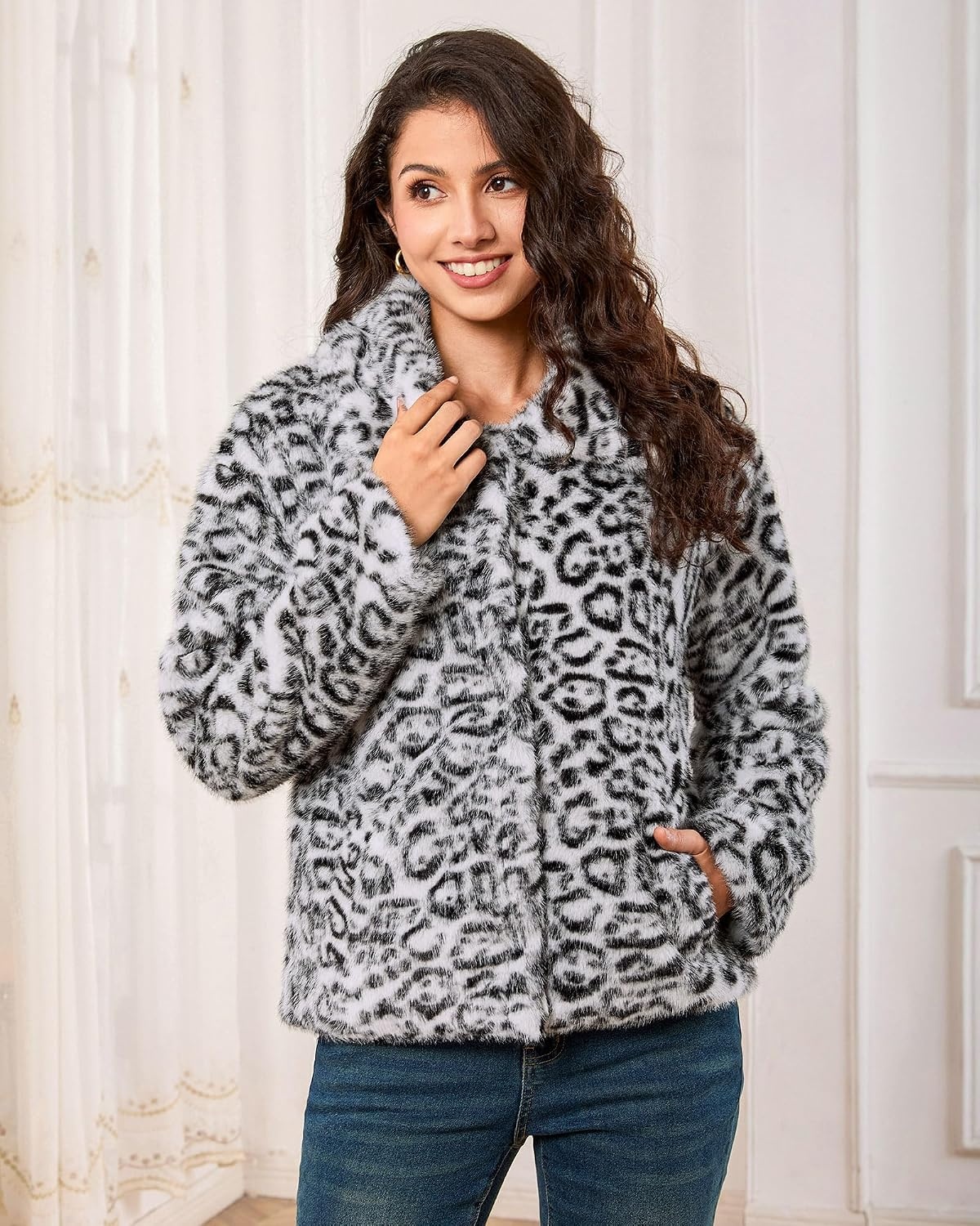 image:imageluvamia Womens Leopard Print Faux Fur Jackets Fluffy Furry Winter CoatsBlack White Leopard