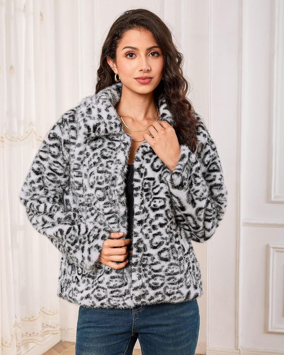 image:imageluvamia Womens Leopard Print Faux Fur Jackets Fluffy Furry Winter CoatsBlack White Leopard