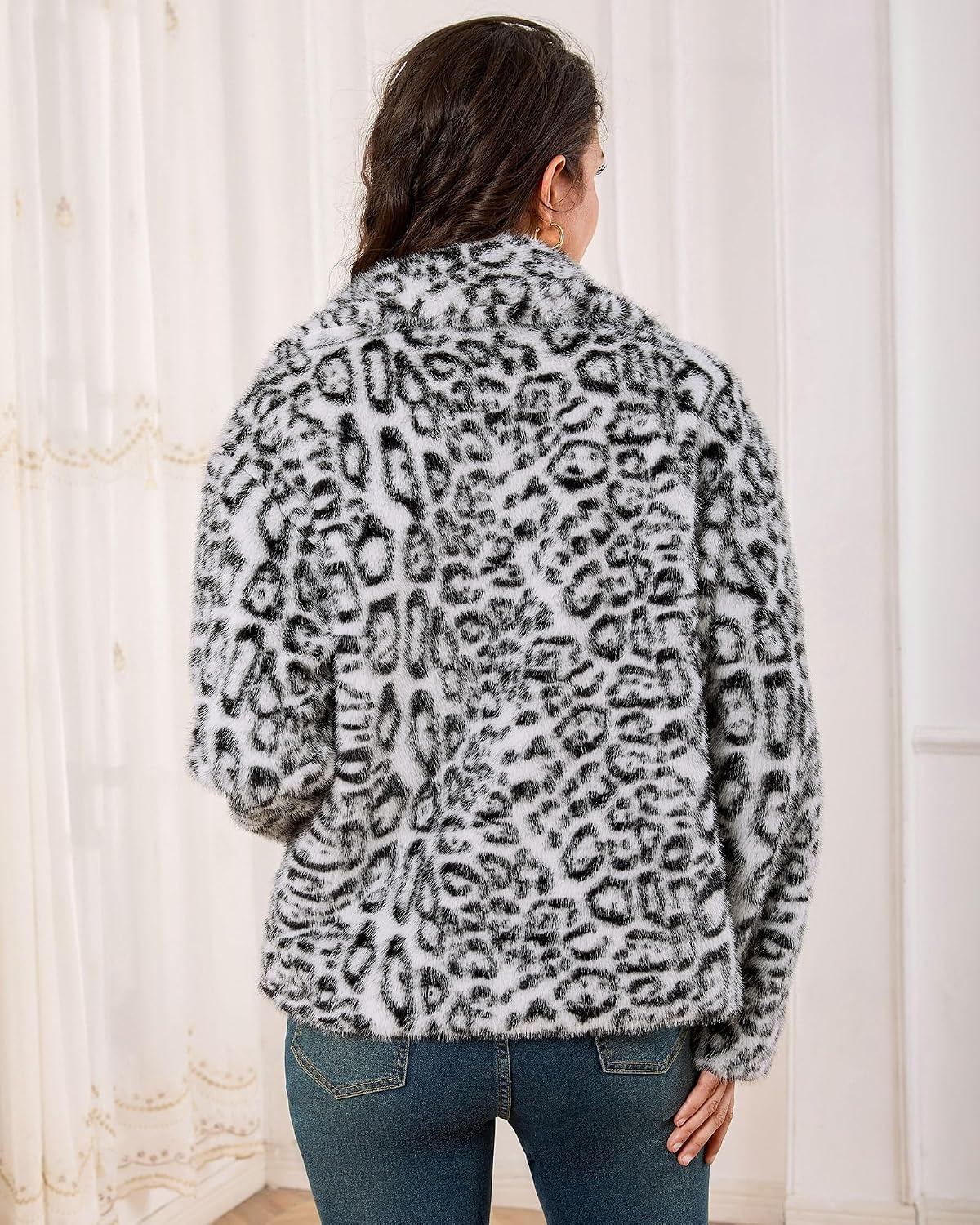 image:imageluvamia Womens Leopard Print Faux Fur Jackets Fluffy Furry Winter CoatsBlack White Leopard