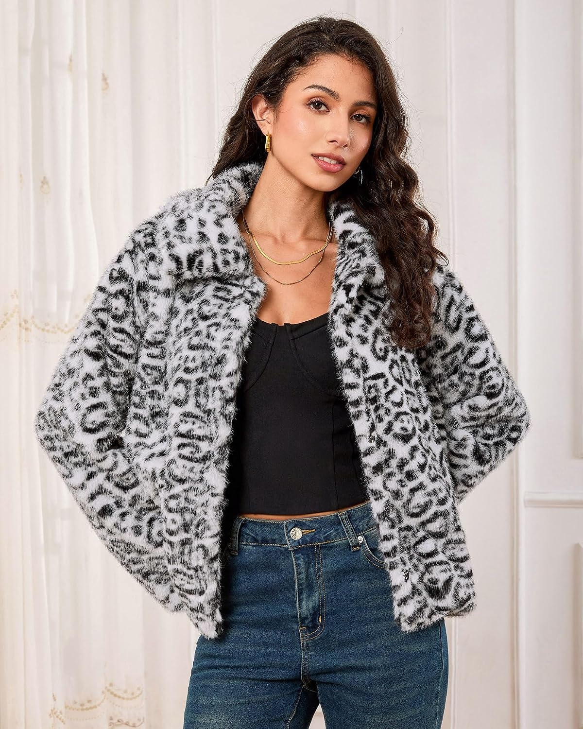 image:imageluvamia Womens Leopard Print Faux Fur Jackets Fluffy Furry Winter CoatsBlack White Leopard