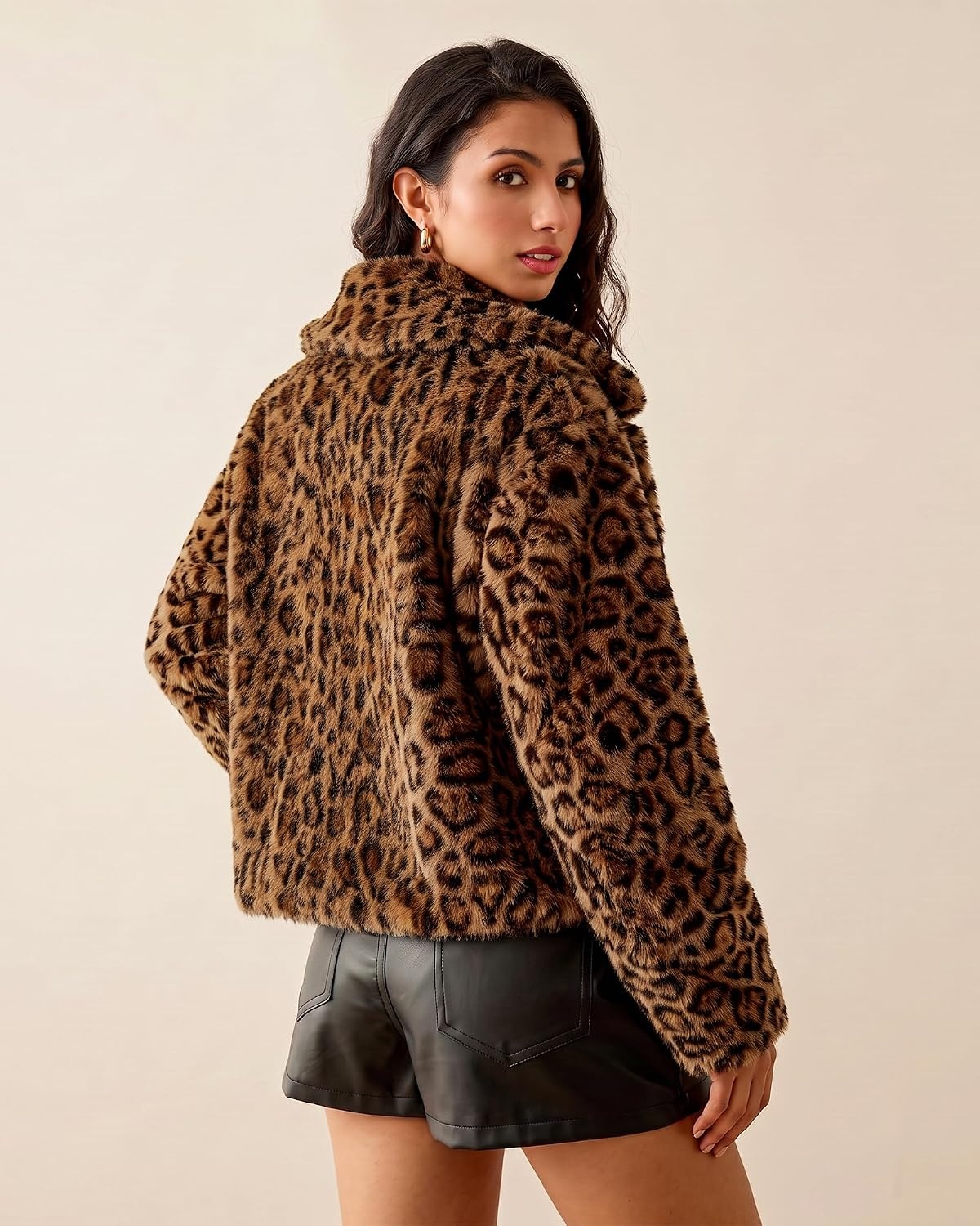 image:imageluvamia Womens Leopard Print Faux Fur Jackets Fluffy Furry Winter CoatsBrown Leopard