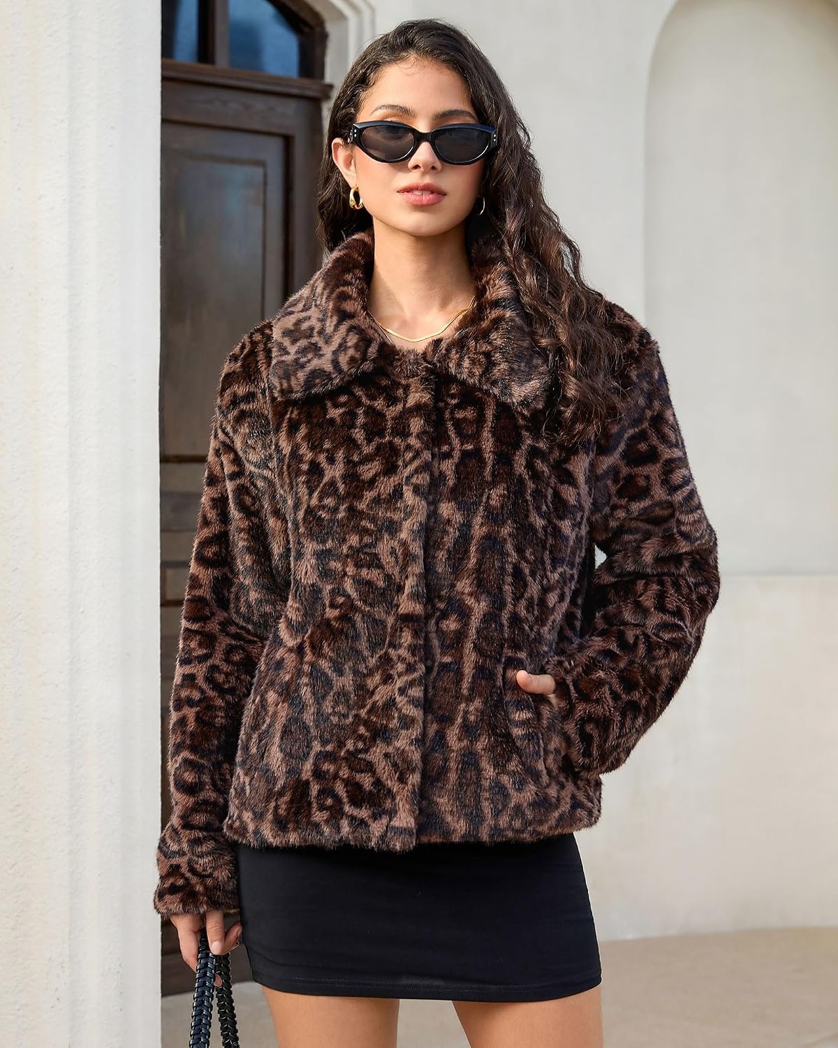 image:imageluvamia Womens Leopard Print Faux Fur Jackets Fluffy Furry Winter CoatsDark Brown Leopard