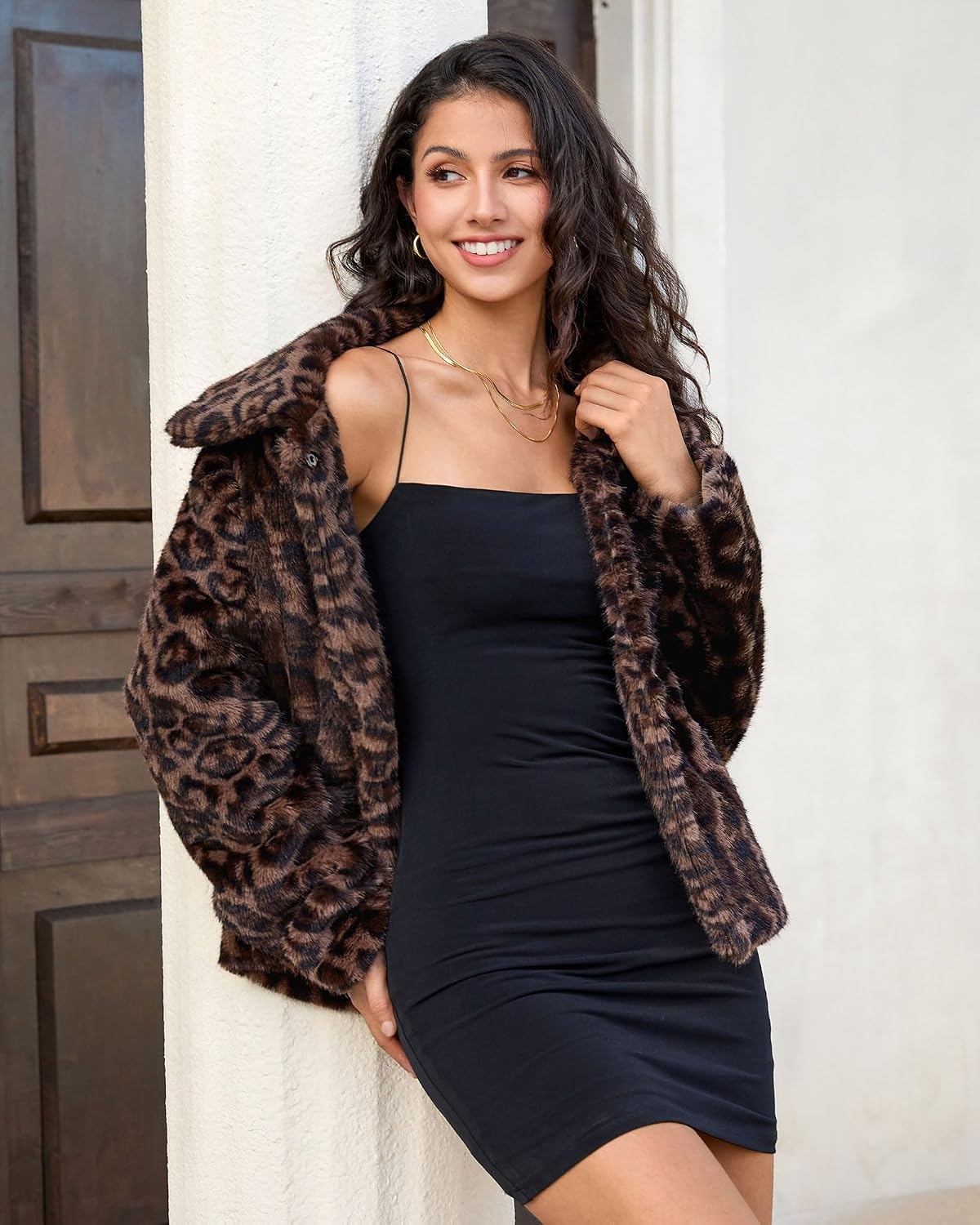 image:imageluvamia Womens Leopard Print Faux Fur Jackets Fluffy Furry Winter CoatsDark Brown Leopard