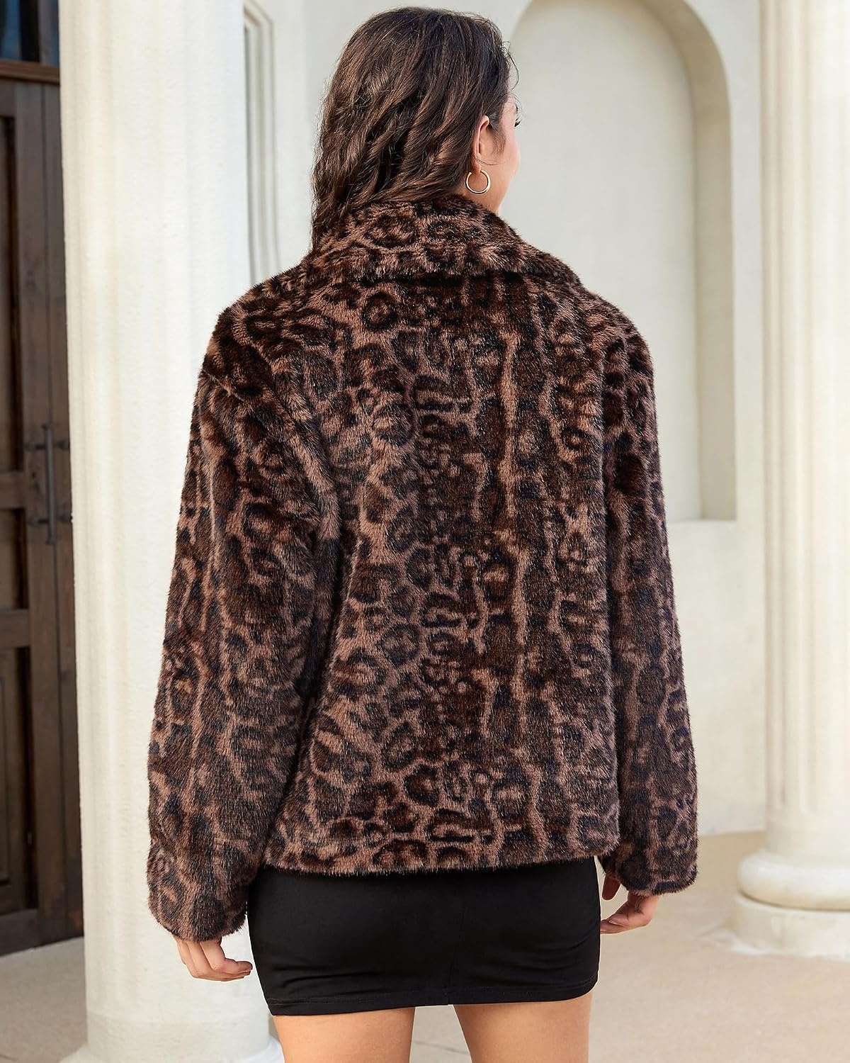 image:imageluvamia Womens Leopard Print Faux Fur Jackets Fluffy Furry Winter CoatsDark Brown Leopard
