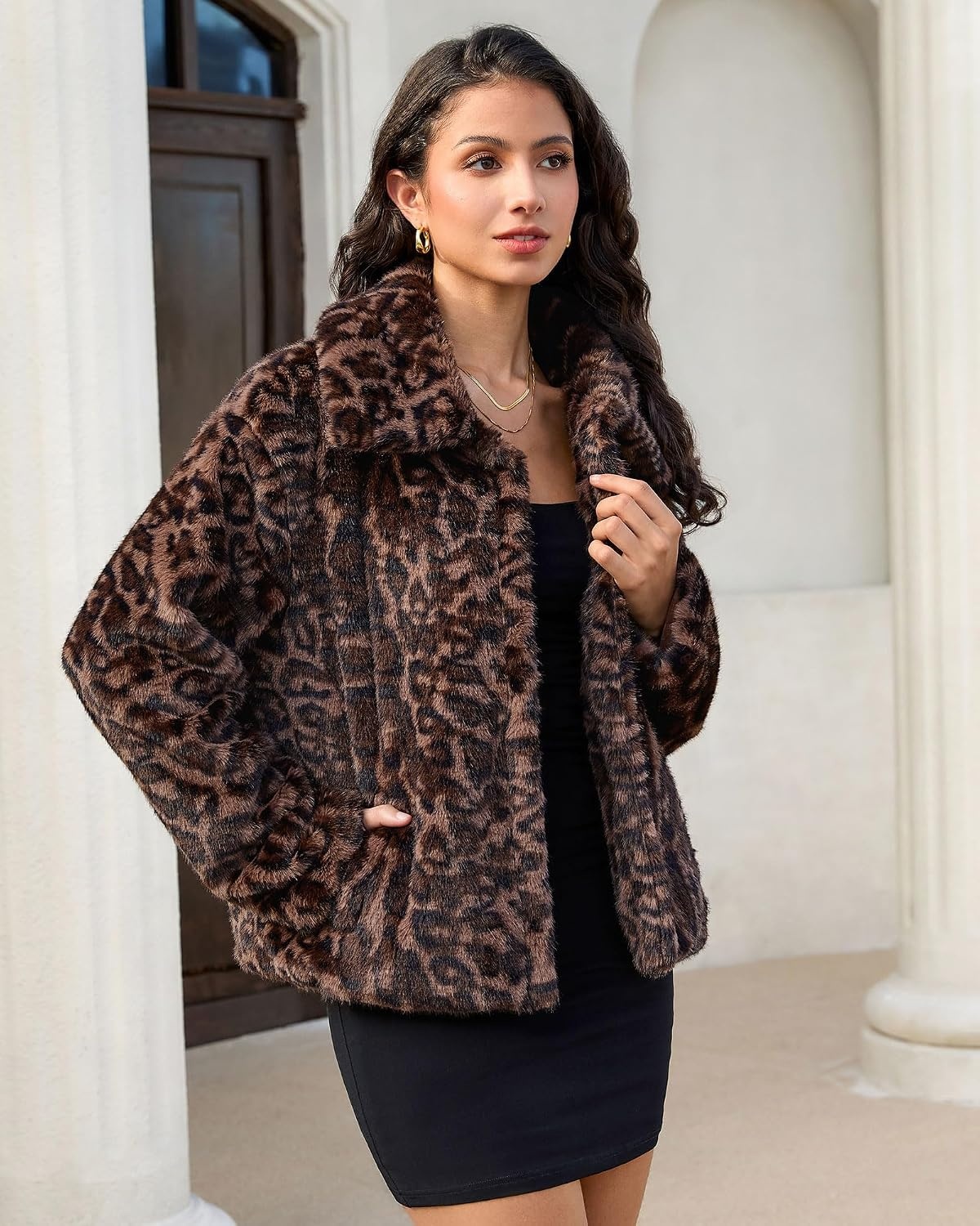 image:imageluvamia Womens Leopard Print Faux Fur Jackets Fluffy Furry Winter CoatsDark Brown Leopard