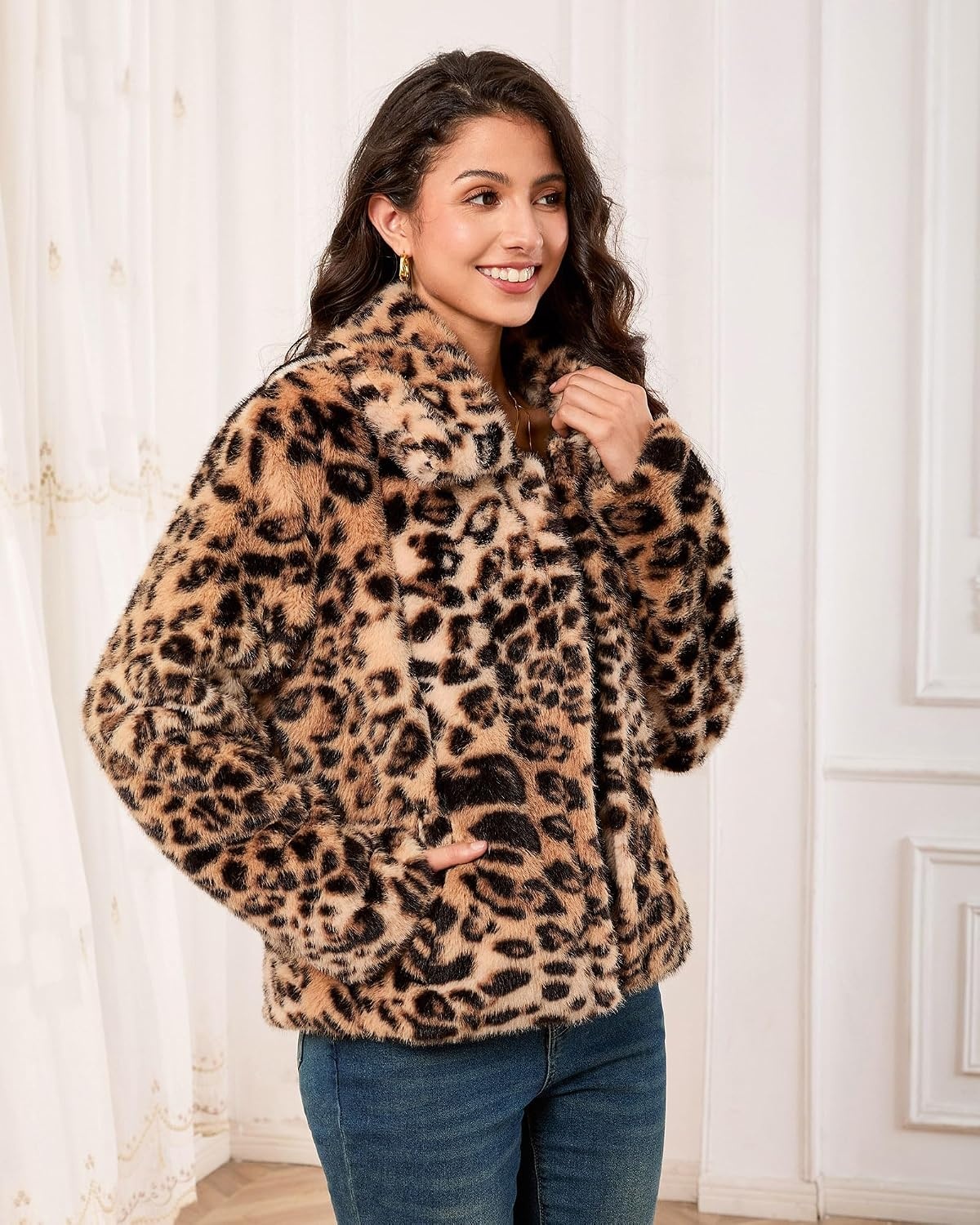 image:imageluvamia Womens Leopard Print Faux Fur Jackets Fluffy Furry Winter CoatsLight Brown Cheetah