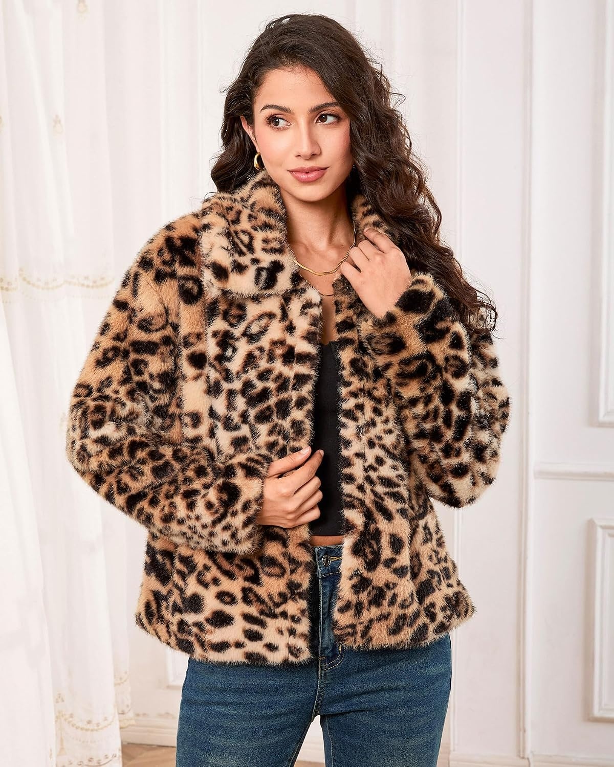 image:imageluvamia Womens Leopard Print Faux Fur Jackets Fluffy Furry Winter CoatsLight Brown Cheetah
