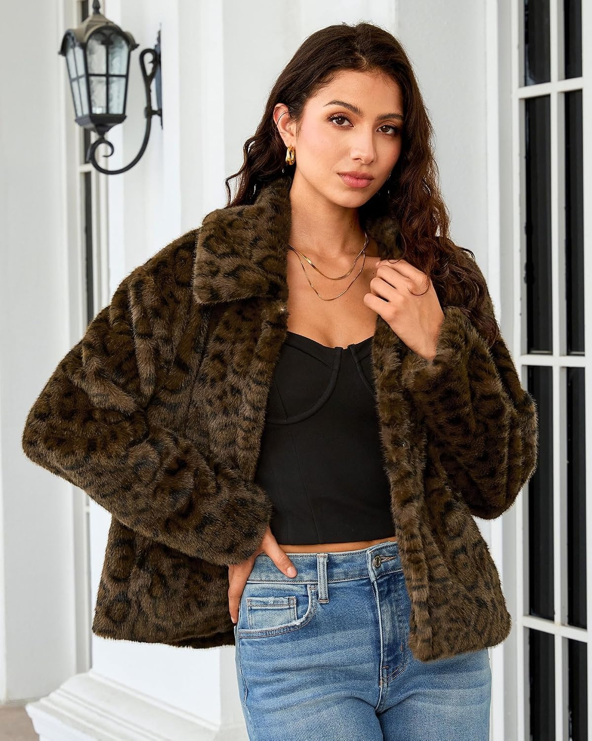image:imageluvamia Womens Leopard Print Faux Fur Jackets Fluffy Furry Winter CoatsMilitary Olive Leopard