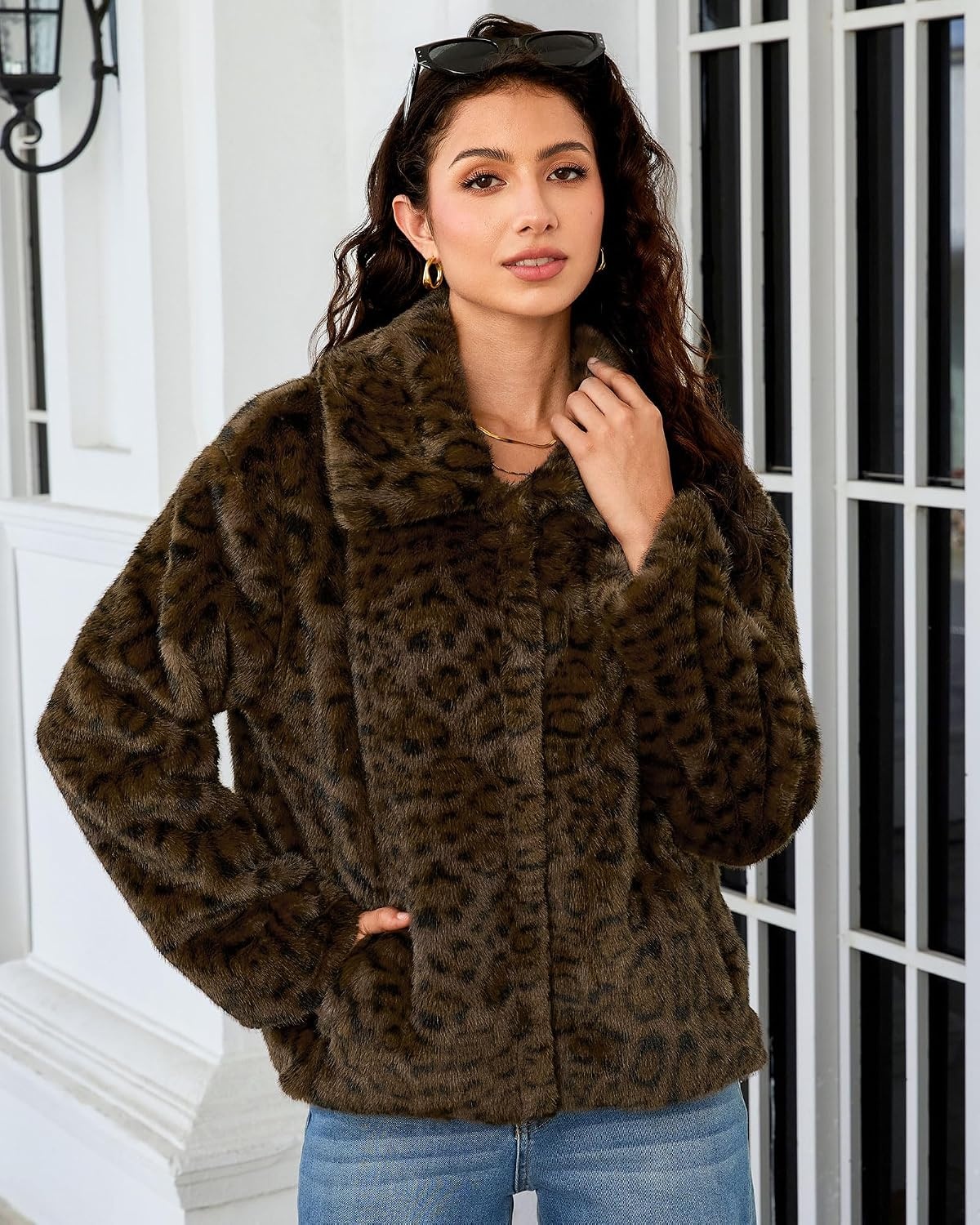 image:imageluvamia Womens Leopard Print Faux Fur Jackets Fluffy Furry Winter CoatsMilitary Olive Leopard
