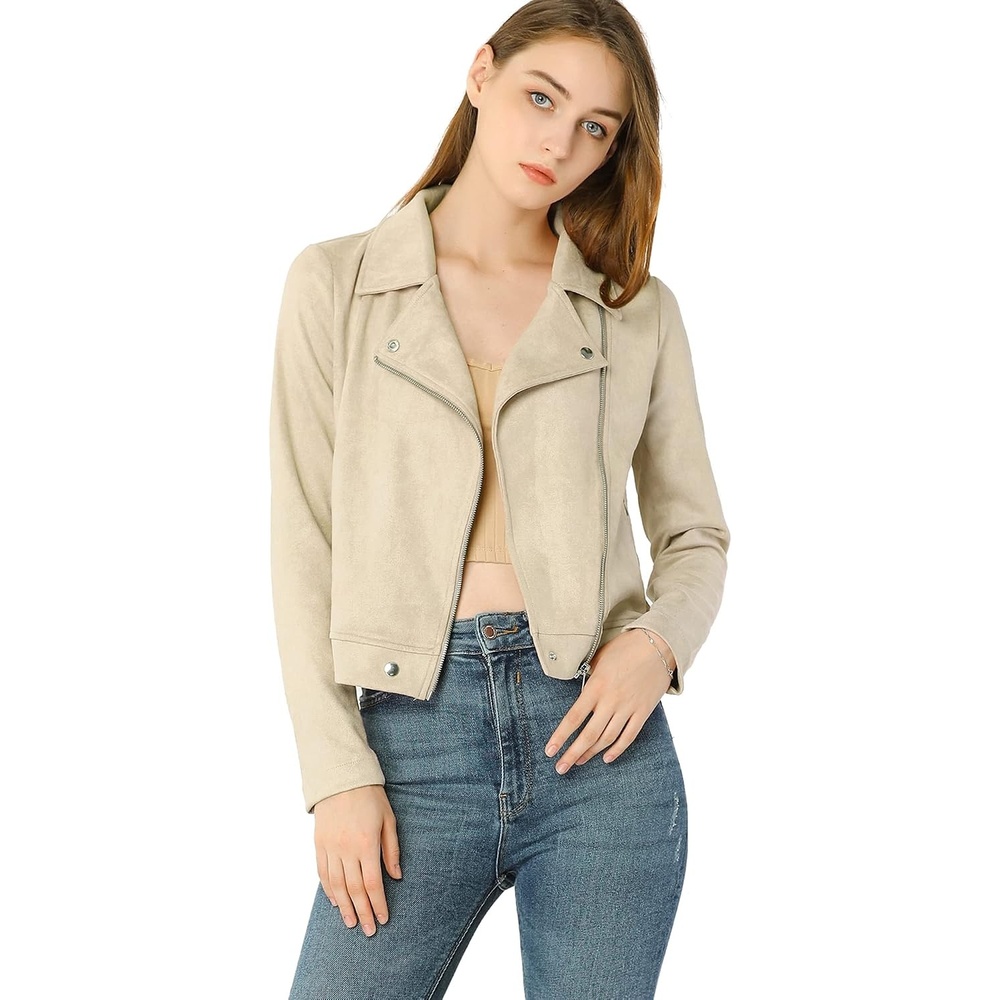 image:imageAllegra K Womens Faux Suede Jacket Long Sleeve Zip Up Lapel OuterwearBeige