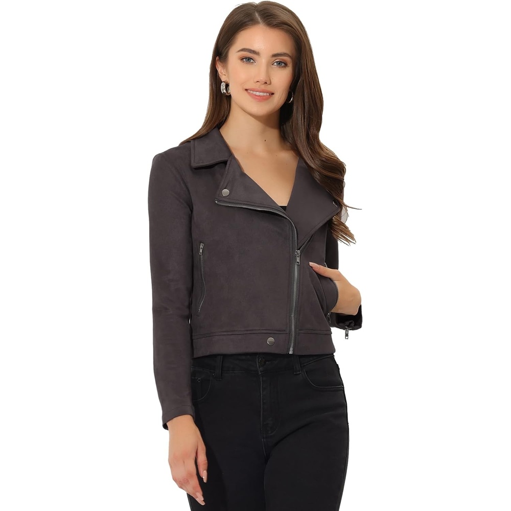 image:imageAllegra K Womens Faux Suede Jacket Long Sleeve Zip Up Lapel OuterwearDark Gray