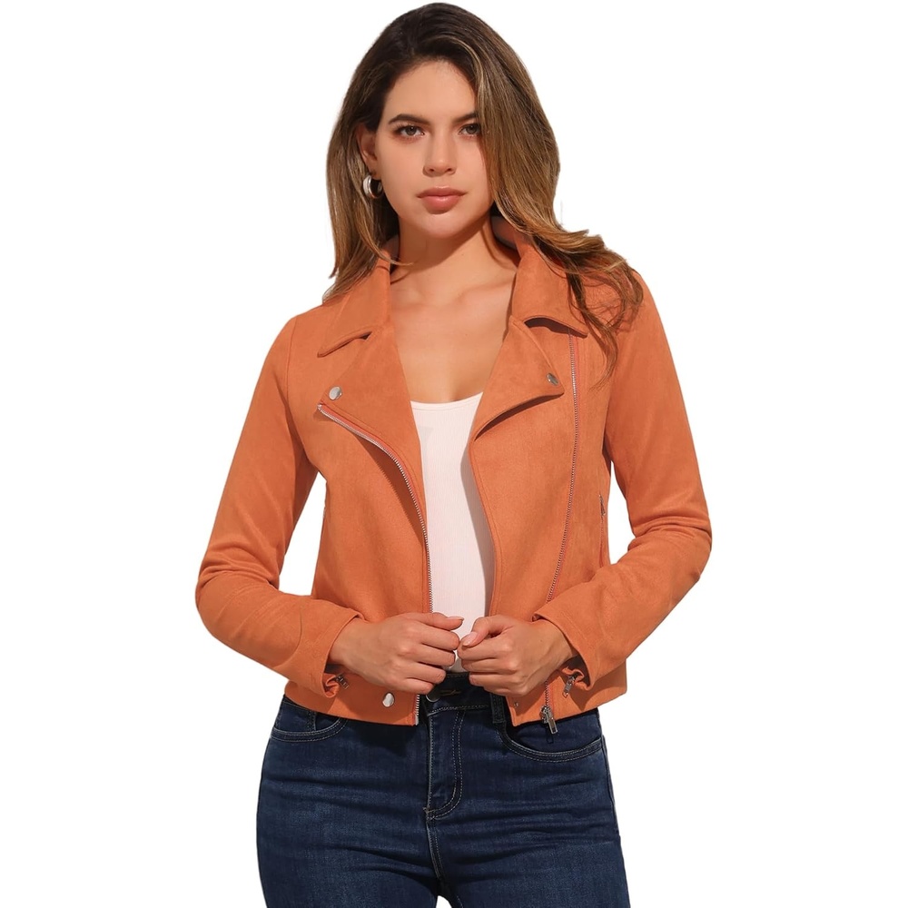 image:imageAllegra K Womens Faux Suede Jacket Long Sleeve Zip Up Lapel OuterwearOrange