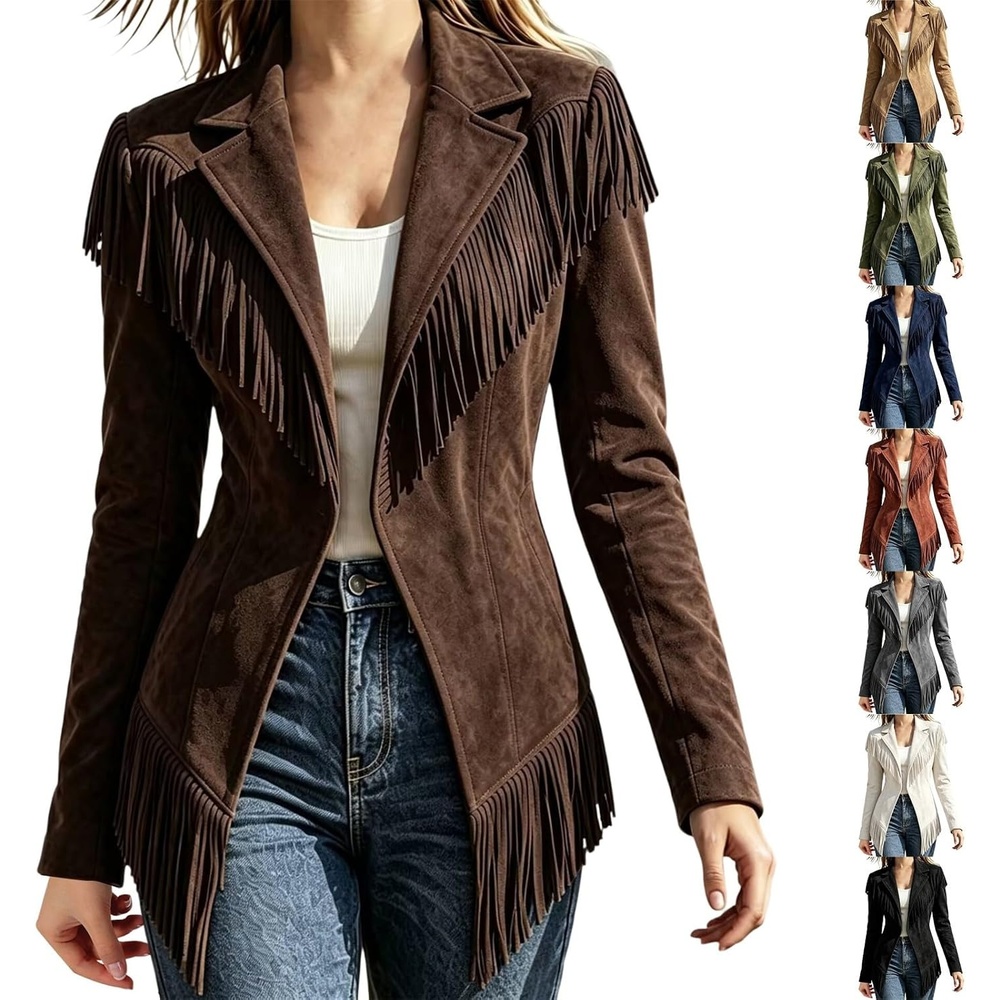image:imageCRNTCEM Womens Suede Fringe Jacket Western Cowgirl Vintage Motorcycle CoatsCoffee