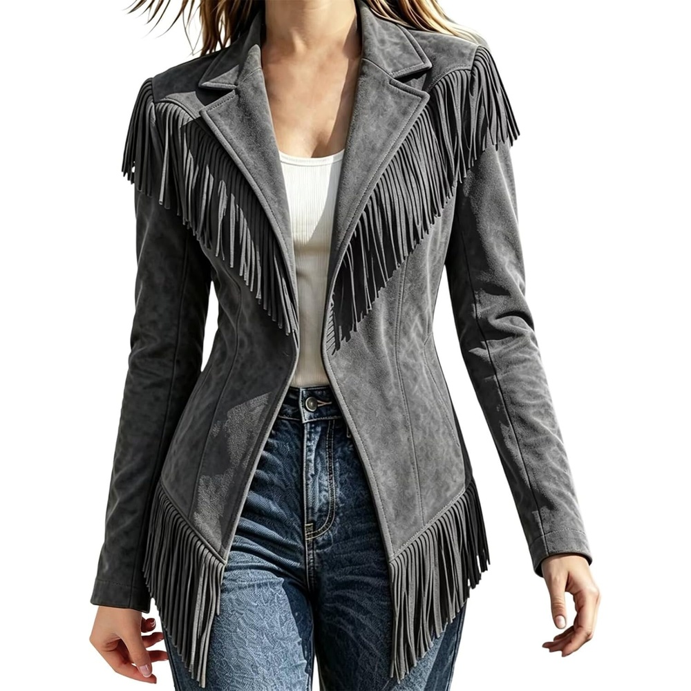 image:imageCRNTCEM Womens Suede Fringe Jacket Western Cowgirl Vintage Motorcycle CoatsGrey