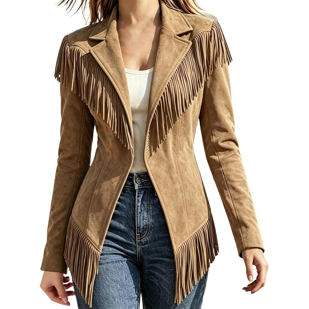 image:imageCRNTCEM Womens Suede Fringe Jacket Western Cowgirl Vintage Motorcycle CoatsKhaki