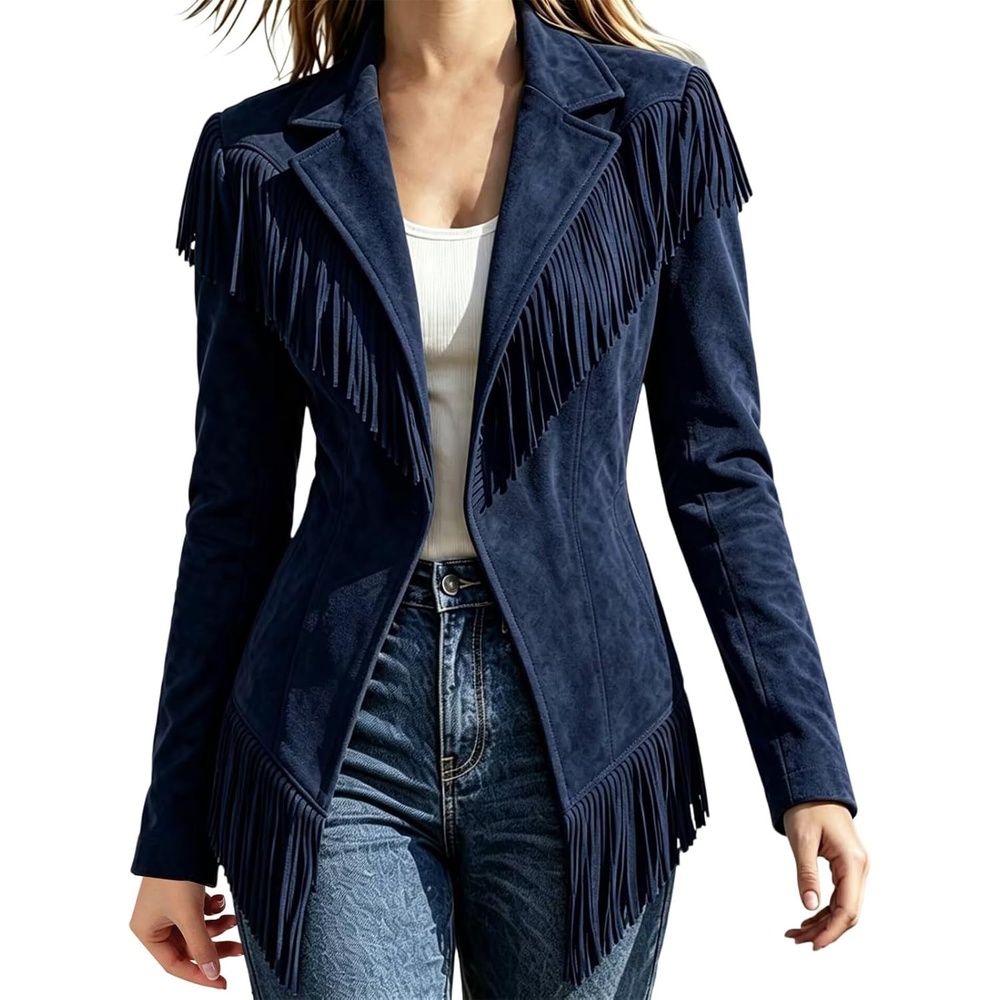 image:imageCRNTCEM Womens Suede Fringe Jacket Western Cowgirl Vintage Motorcycle CoatsNavy