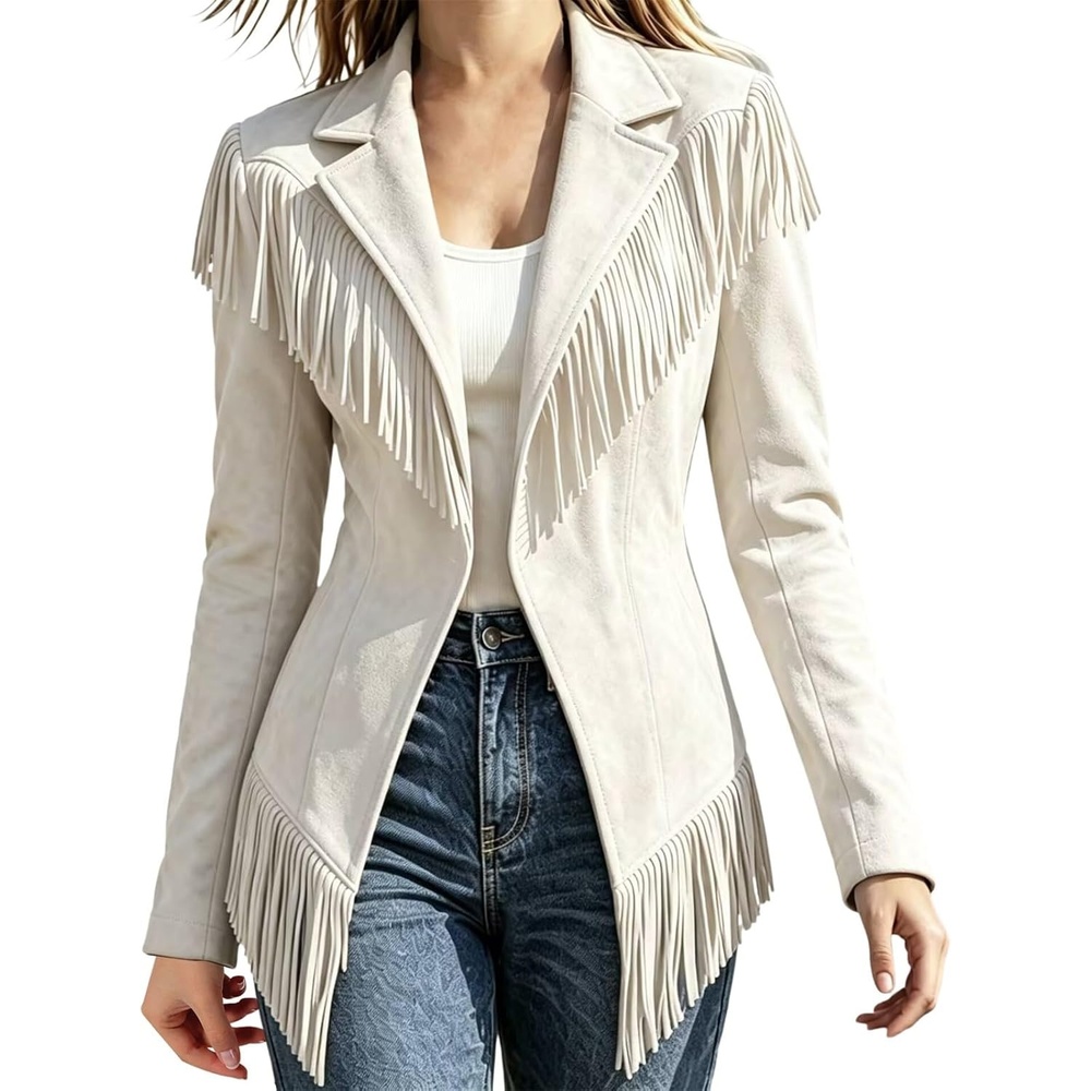 image:imageCRNTCEM Womens Suede Fringe Jacket Western Cowgirl Vintage Motorcycle CoatsWhite