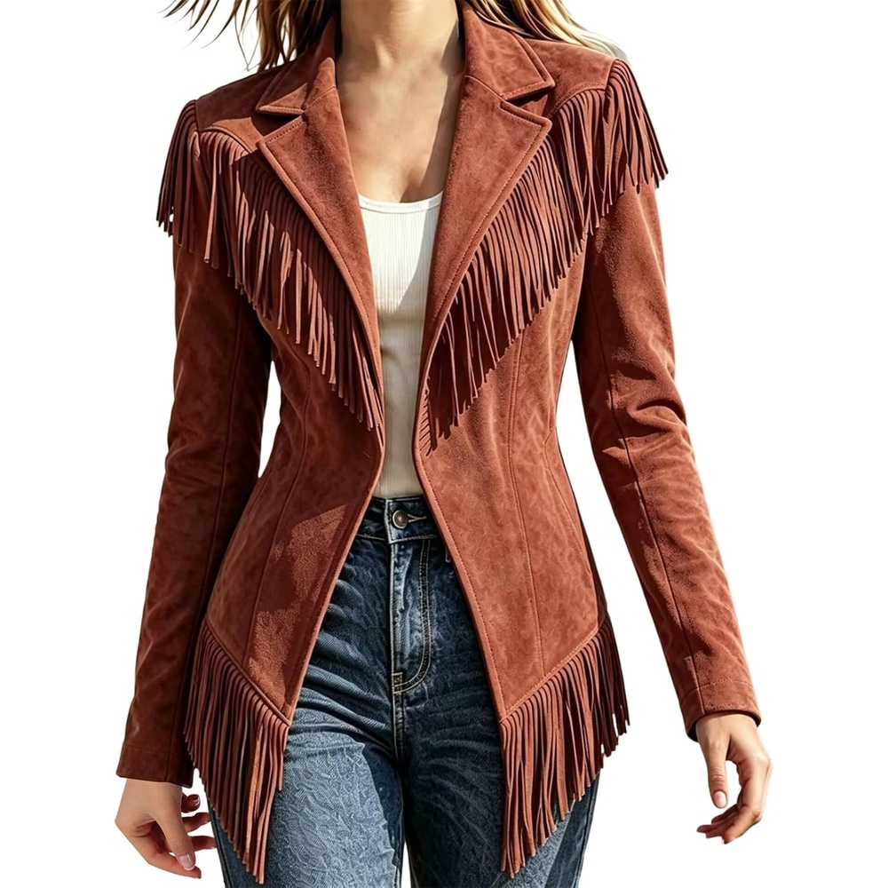 image:imageCRNTCEM Womens Suede Fringe Jacket Western Cowgirl Vintage Motorcycle CoatsWine