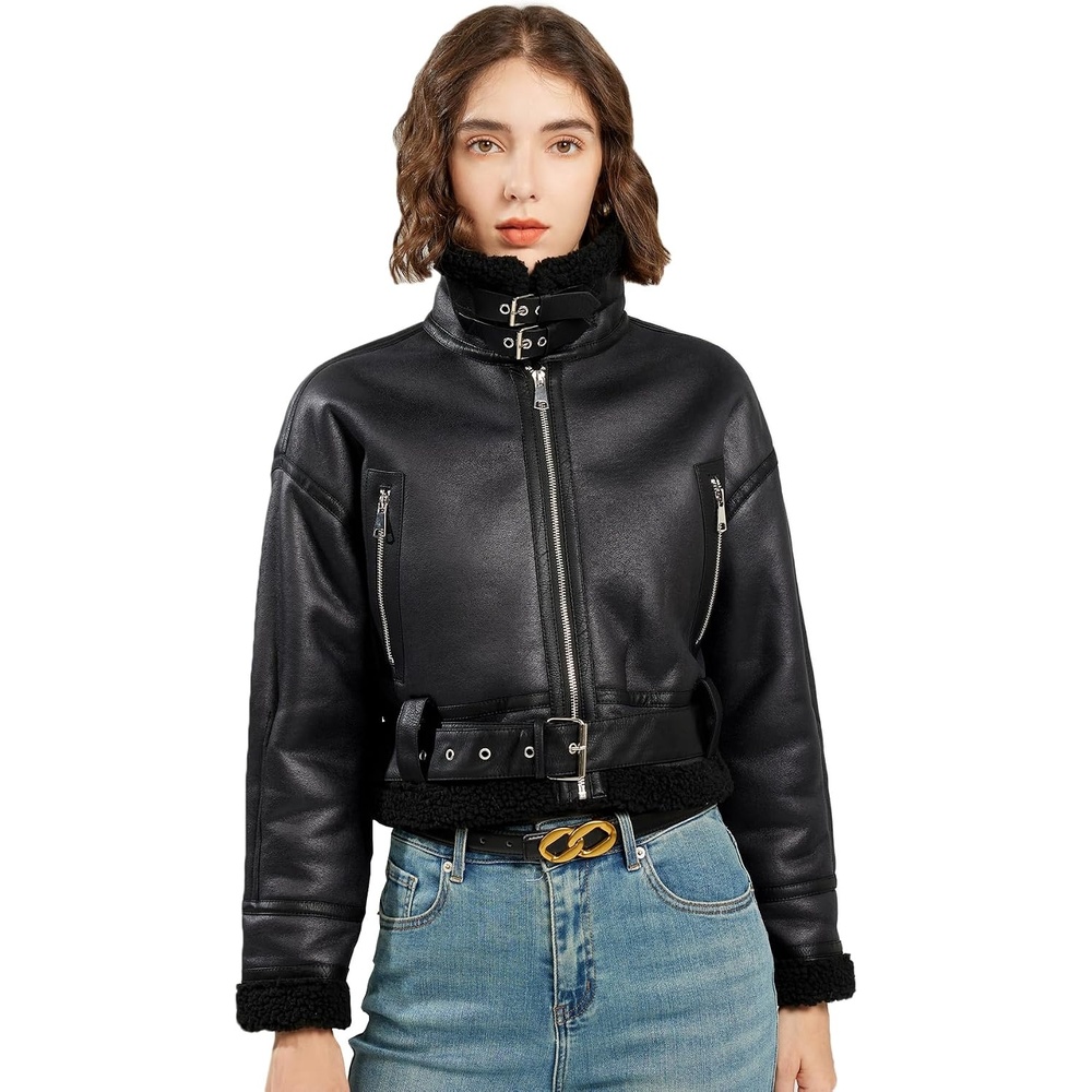 image:imageLY VAREY LIN Winter Women Faux Lamb Fur Leather Short Jacket Lapel Zipper Bomber Aviator CoatBlack