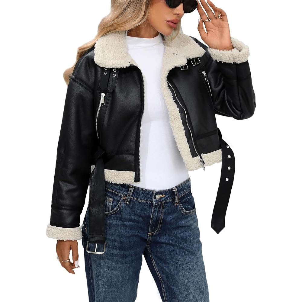 image:imageLY VAREY LIN Winter Women Faux Lamb Fur Leather Short Jacket Lapel Zipper Bomber Aviator CoatBrown Black