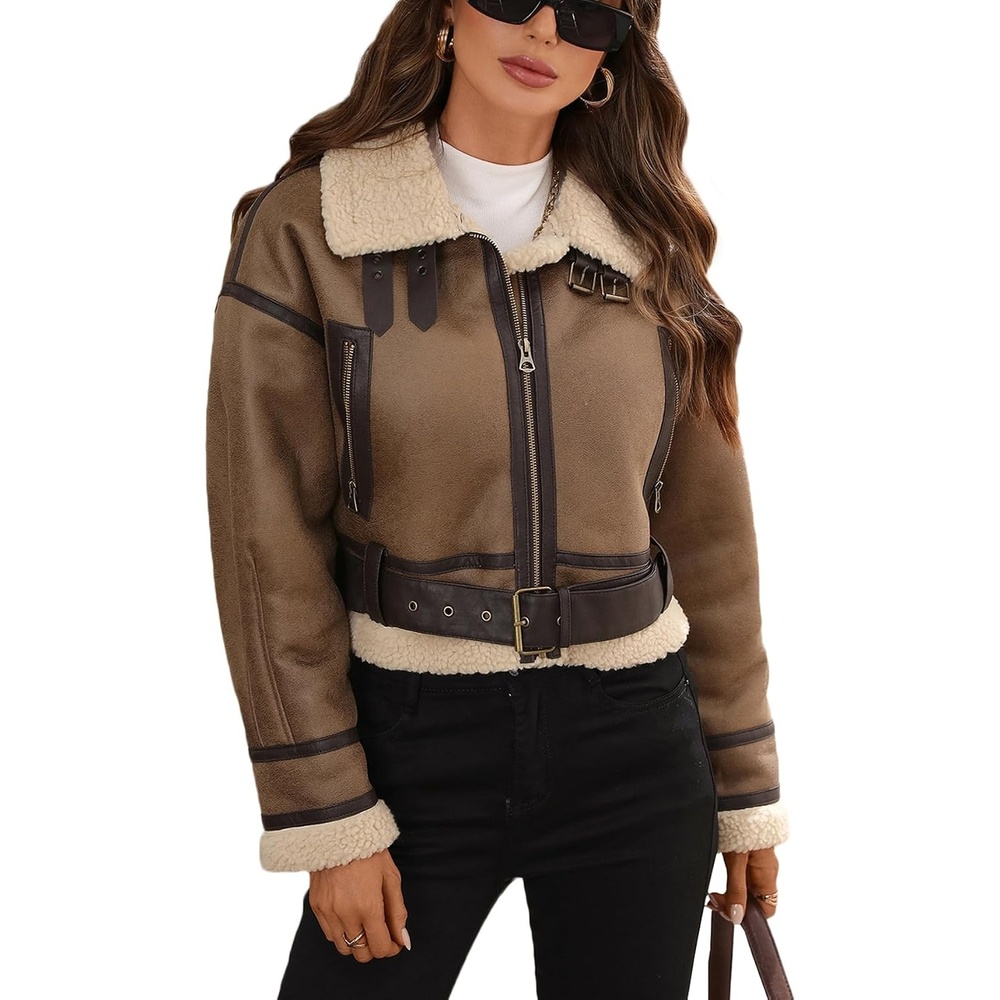 image:imageLY VAREY LIN Winter Women Faux Lamb Fur Leather Short Jacket Lapel Zipper Bomber Aviator CoatCamel