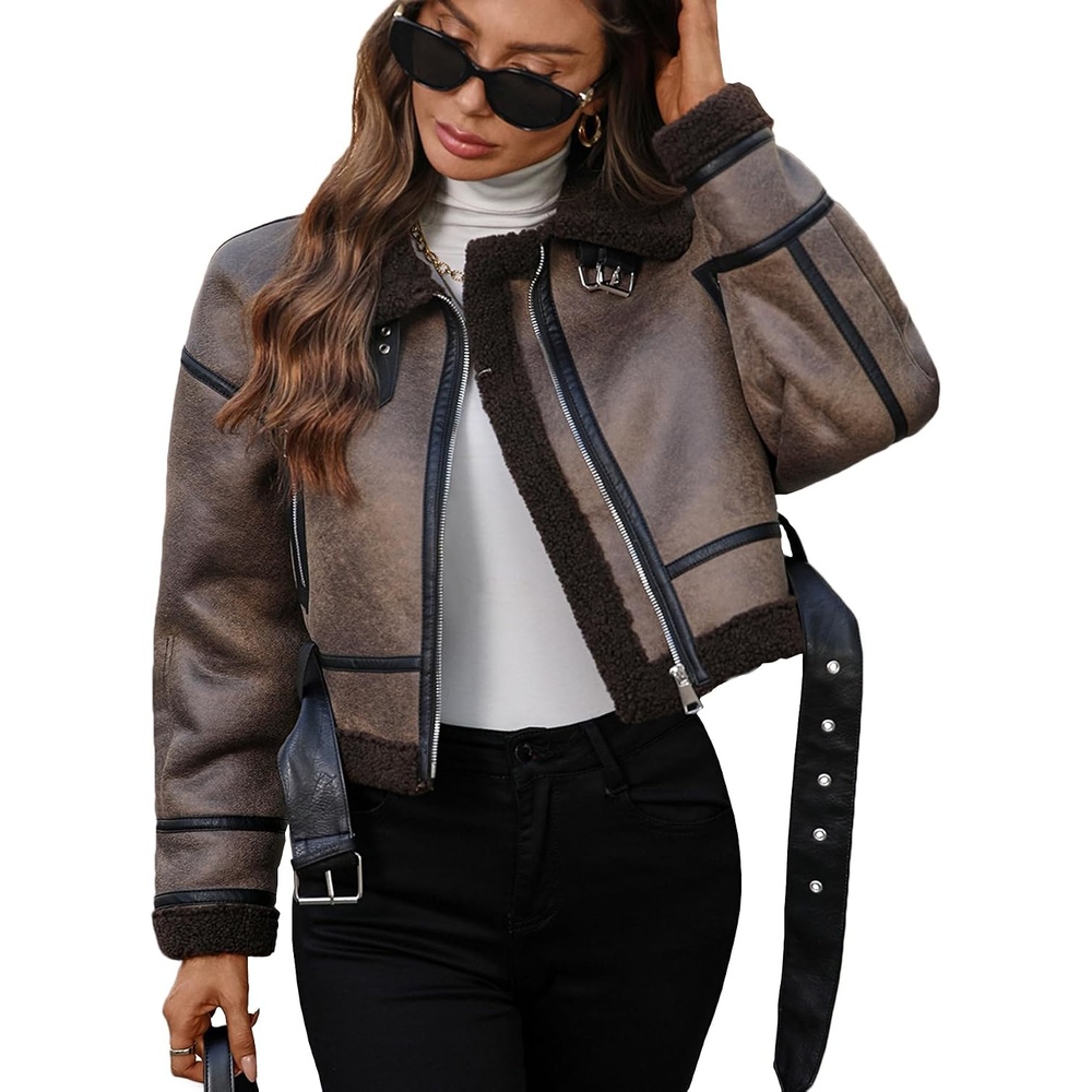 image:imageLY VAREY LIN Winter Women Faux Lamb Fur Leather Short Jacket Lapel Zipper Bomber Aviator CoatCoffee