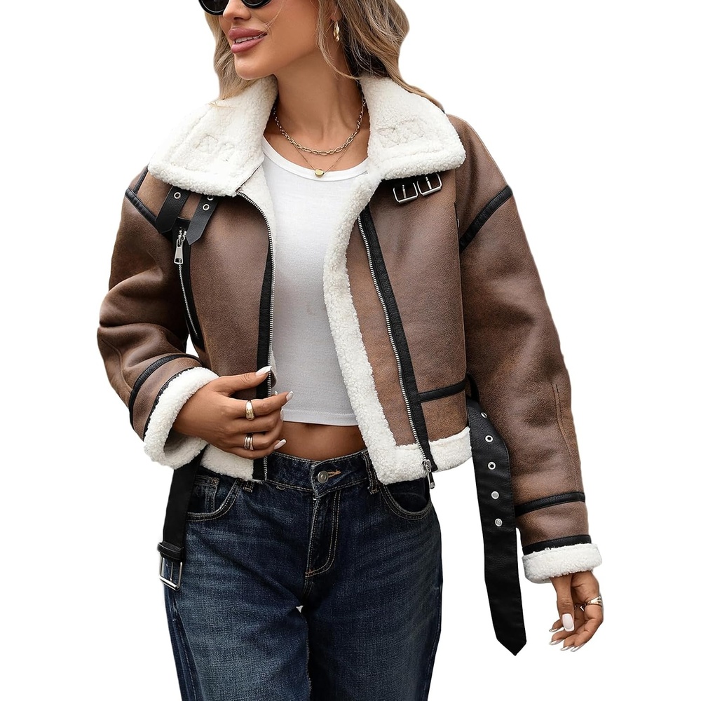 image:imageLY VAREY LIN Winter Women Faux Lamb Fur Leather Short Jacket Lapel Zipper Bomber Aviator CoatKhaki White