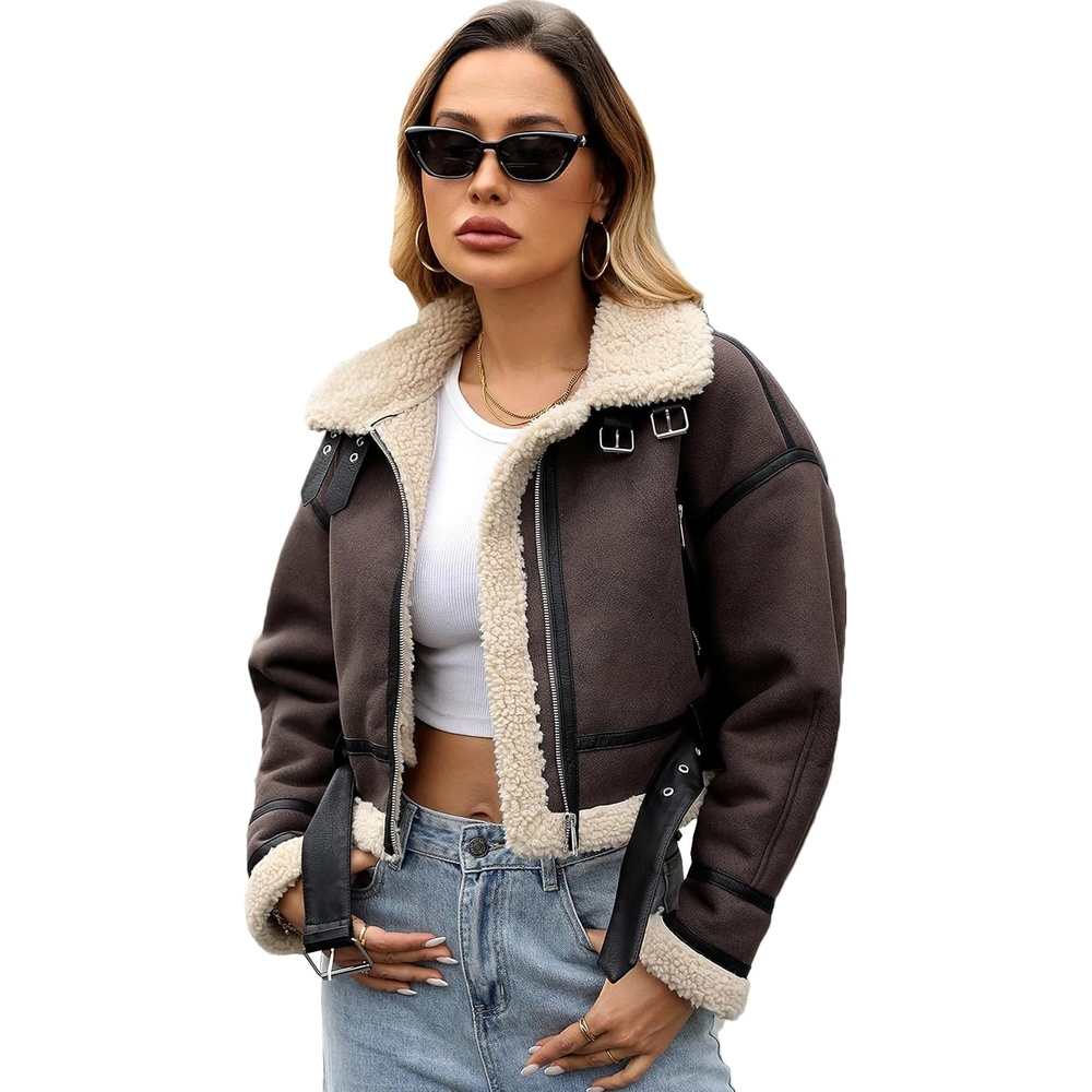 image:imageLY VAREY LIN Winter Women Faux Lamb Fur Leather Short Jacket Lapel Zipper Bomber Aviator CoatMaroon