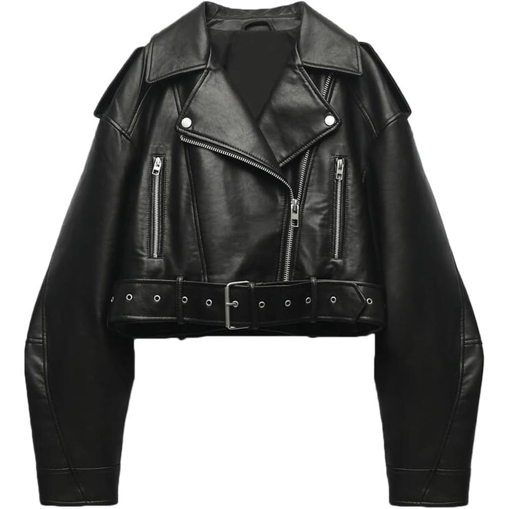 image:imageLY VAREY LIN Women Faux Leather Cropped Jacket Lapel Zipper Biker Short Coat with Belt2371black