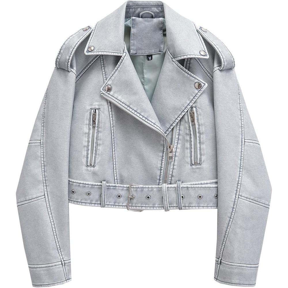 image:imageLY VAREY LIN Women Faux Leather Cropped Jacket Lapel Zipper Biker Short Coat with Belt2371blue