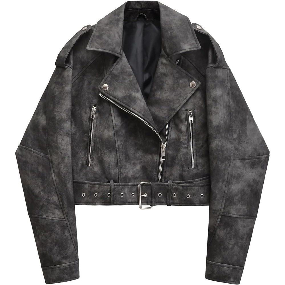 image:imageLY VAREY LIN Women Faux Leather Cropped Jacket Lapel Zipper Biker Short Coat with Belt2371camo
