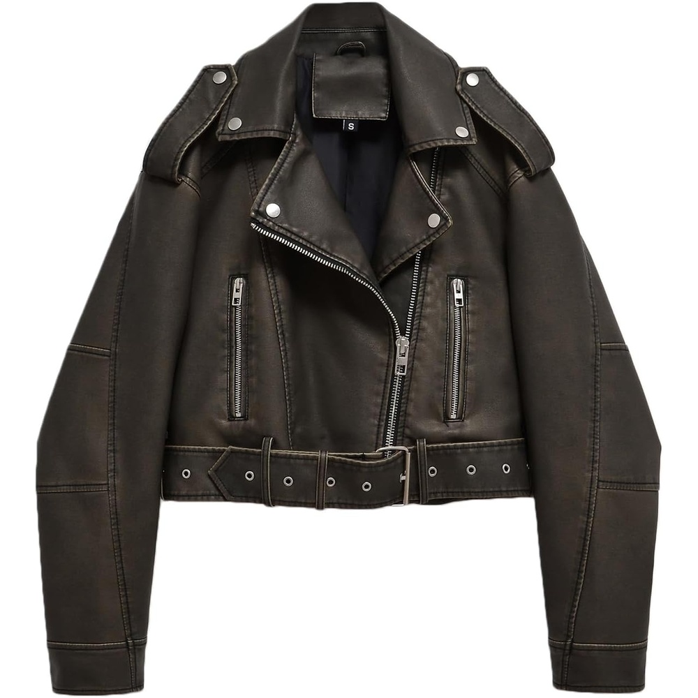 image:imageLY VAREY LIN Women Faux Leather Cropped Jacket Lapel Zipper Biker Short Coat with Belt2371dark Green