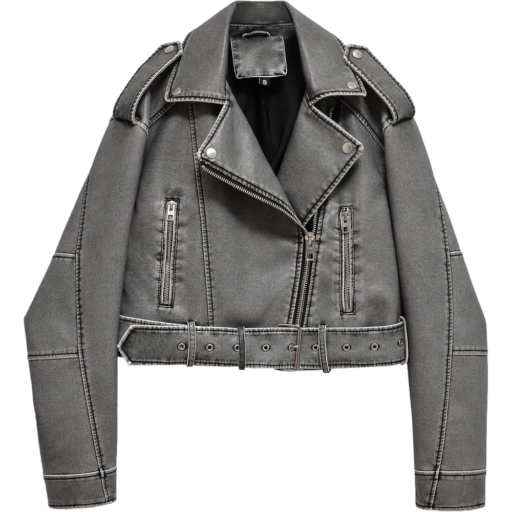 image:imageLY VAREY LIN Women Faux Leather Cropped Jacket Lapel Zipper Biker Short Coat with Belt2371grey
