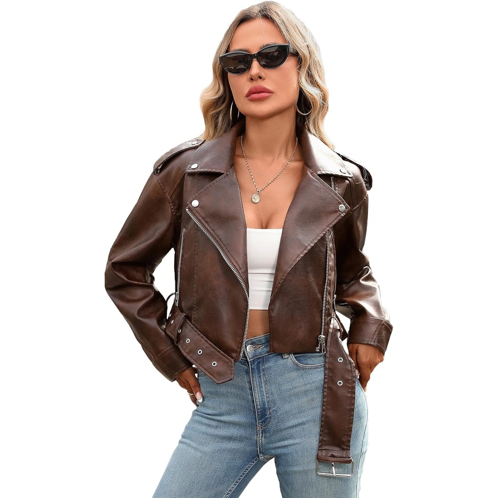 image:imageLY VAREY LIN Women Faux Leather Cropped Jacket Lapel Zipper Biker Short Coat with Belt2371rust Brown