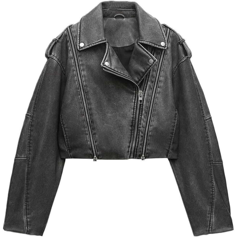 image:imageLY VAREY LIN Women Faux Leather Cropped Jacket Lapel Zipper Biker Short Coat with Belt4341726grey