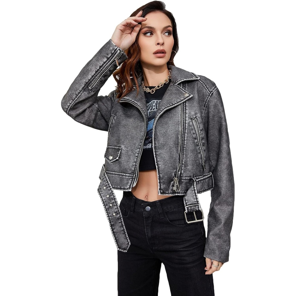 image:imageLY VAREY LIN Women Faux Leather Cropped Jacket Lapel Zipper Biker Short Coat with BeltL2311black